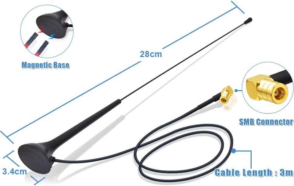 Eightwood DAB DAB+ Antenna Car Radio SMB Antenna (Car Magnetic Base Antenna) with Antenna Extension Cable RG174 300 cm for Digital Radio Reception Blaupunkt Beat TechniSat Pioneer Sony Alpine