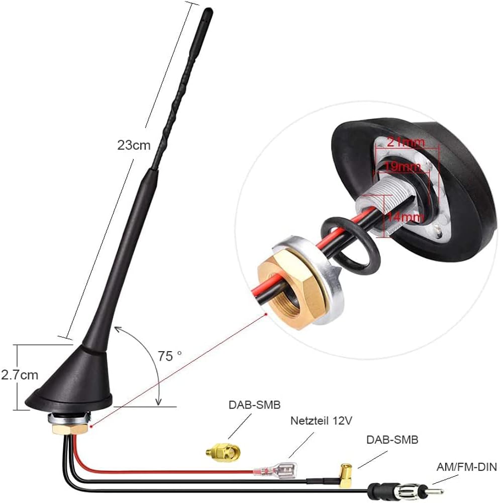 Eightwood Aktive DAB/DAB+ Antenne Auto Digital Radio FM/AM Kombi Dachantenne Autoantenne mit Verstärker with SMB/SMA Stecker DIN Adapter Auto Radio Fahrzeug Splitter Amplifier 5M