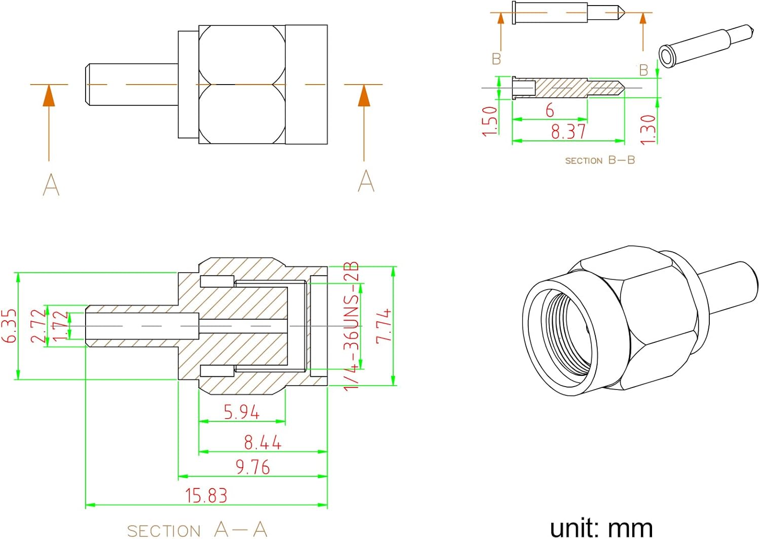 Eightwood 10pcs SMA Male Crimp RF Connector Gold-Plating for RG316 RG174 Cable