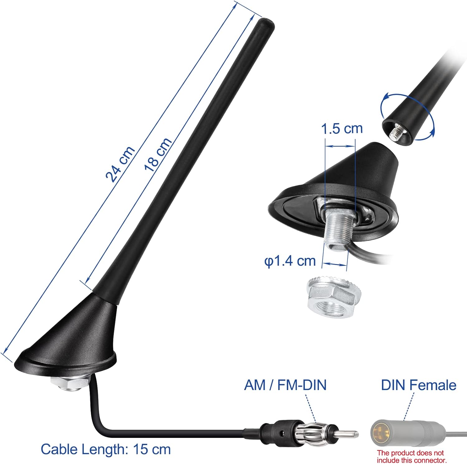Eightwood AM/FM Autoantenne mit Verstärker Antenne Auto FM 17.5cm Dachantenne Autoantenne Autoradio Antenne Amplifier mit DIN Adapter 15CM Kabel