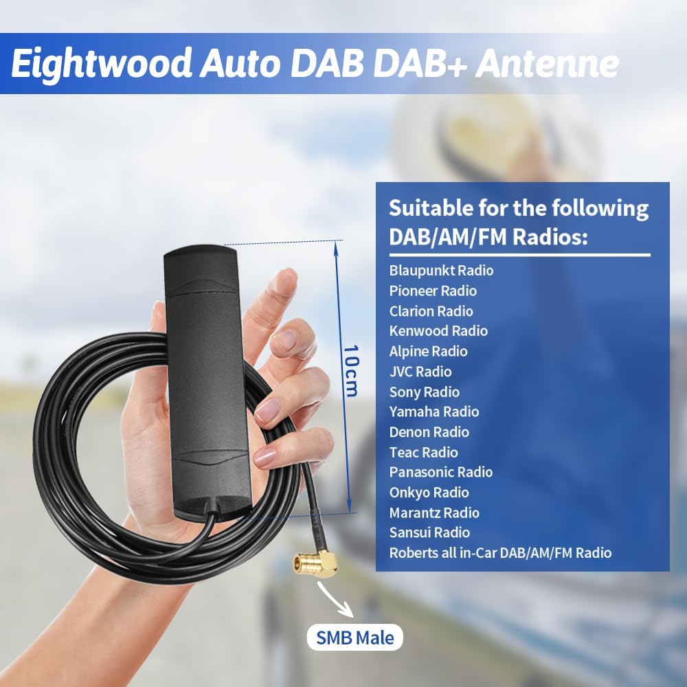 Eightwood DAB+ Auto FM AM Radio Windschutzscheiben Patch Antenne 17dbi + 3M DAB Antenne SMB Anschluss Kabel für Pioneer Alpine Clarion Digital Radio FM Tuner