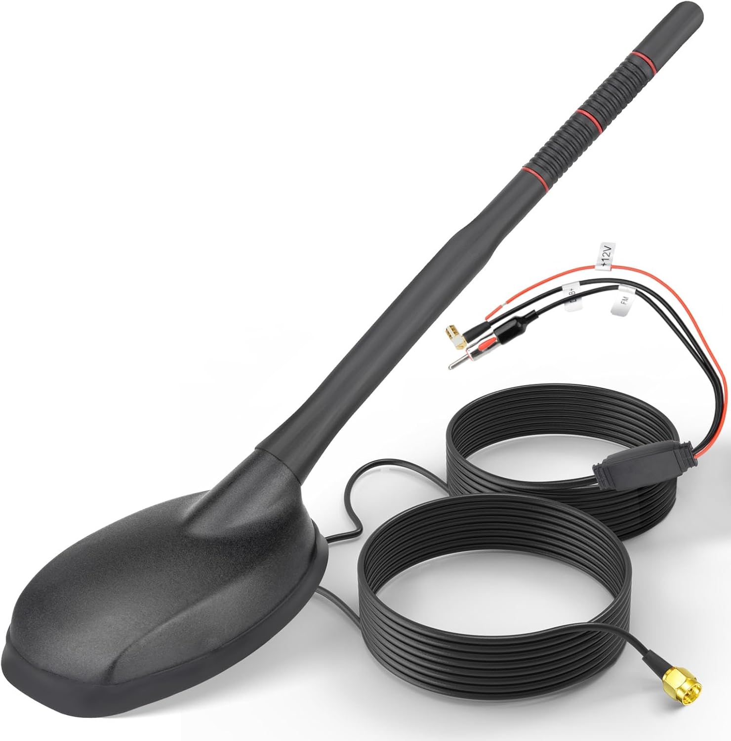 Eightwood Aktive DAB DAB+ Antenne Auto Digital Radio GPS DAB FM Antenne Auto Dachantenne Autoantenne mit Verstärker with SMB/SMA Stecker DIN Adapter Auto Radio Splitter Amplifier Verlängerung Kabel 5M