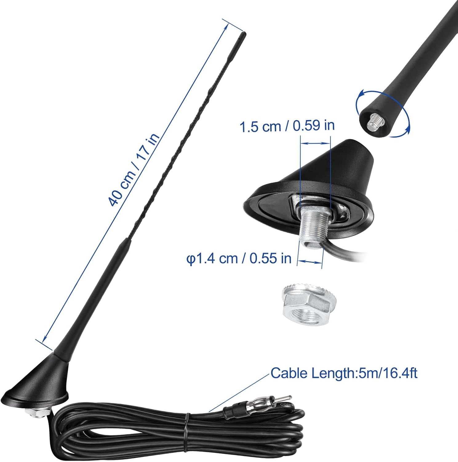 Eightwood Universal Vehicle Antenna 16in, AM FM Roof Mount Car Radio Antenna Mast with Mount Base 16ft Extension Cable for Car Truck Stereo Receiver Head Unit