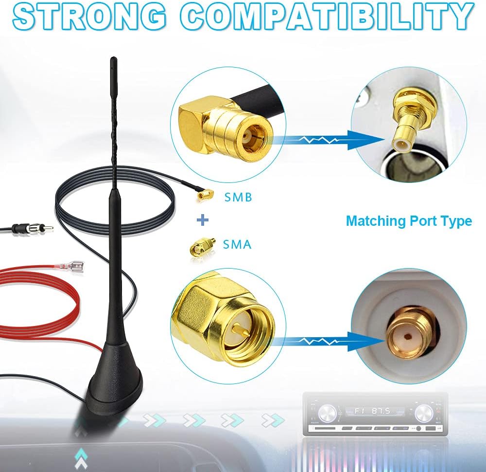 Eightwood Aktive DAB/DAB+ Antenne Auto Digital Radio FM/AM Kombi Dachantenne Autoantenne mit Verstärker with SMB/SMA Stecker DIN Adapter Auto Radio Fahrzeug Splitter Amplifier 5M