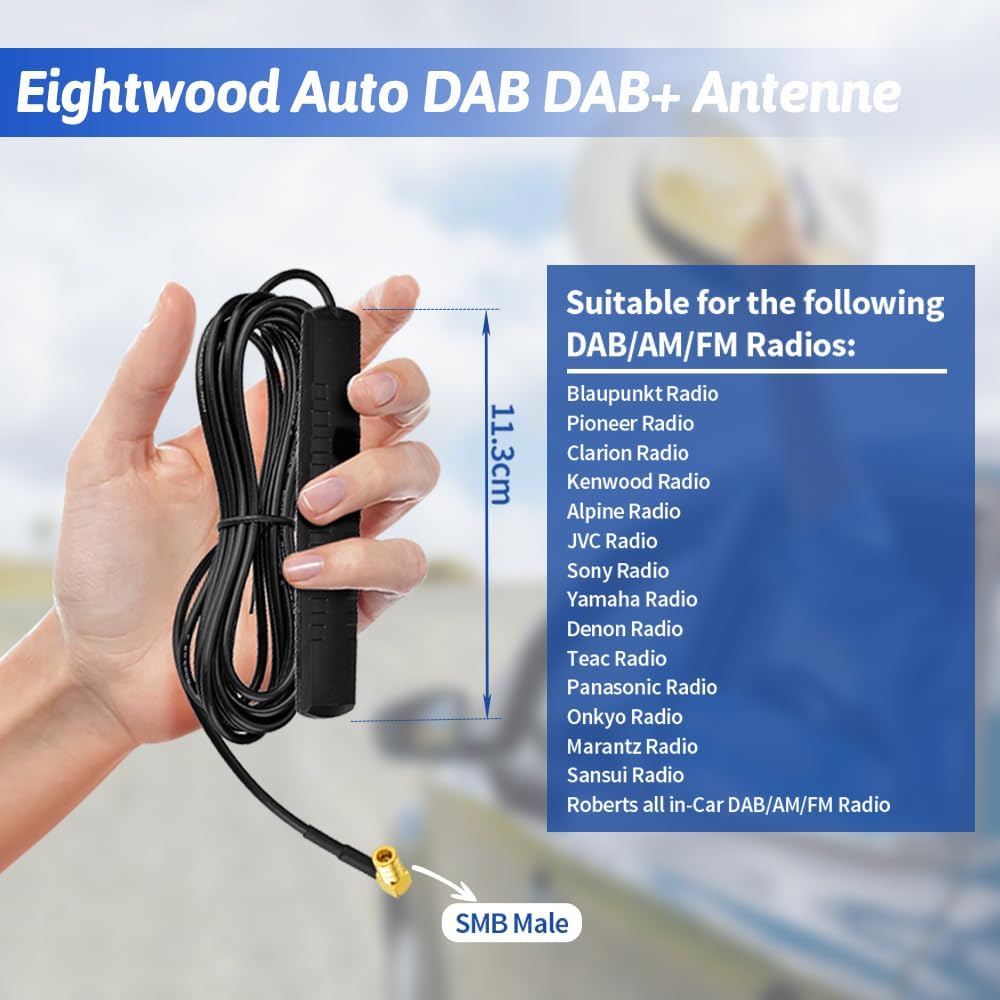 Eightwood DAB DAB+ Antenne Auto FM AM Radio Antenne Windschutzscheiben Antenne Patch Antenne + 3M DAB Antenne SMB Anschluss Kabel für Pioneer Alpine Clarion Digital Radio FM Tuner