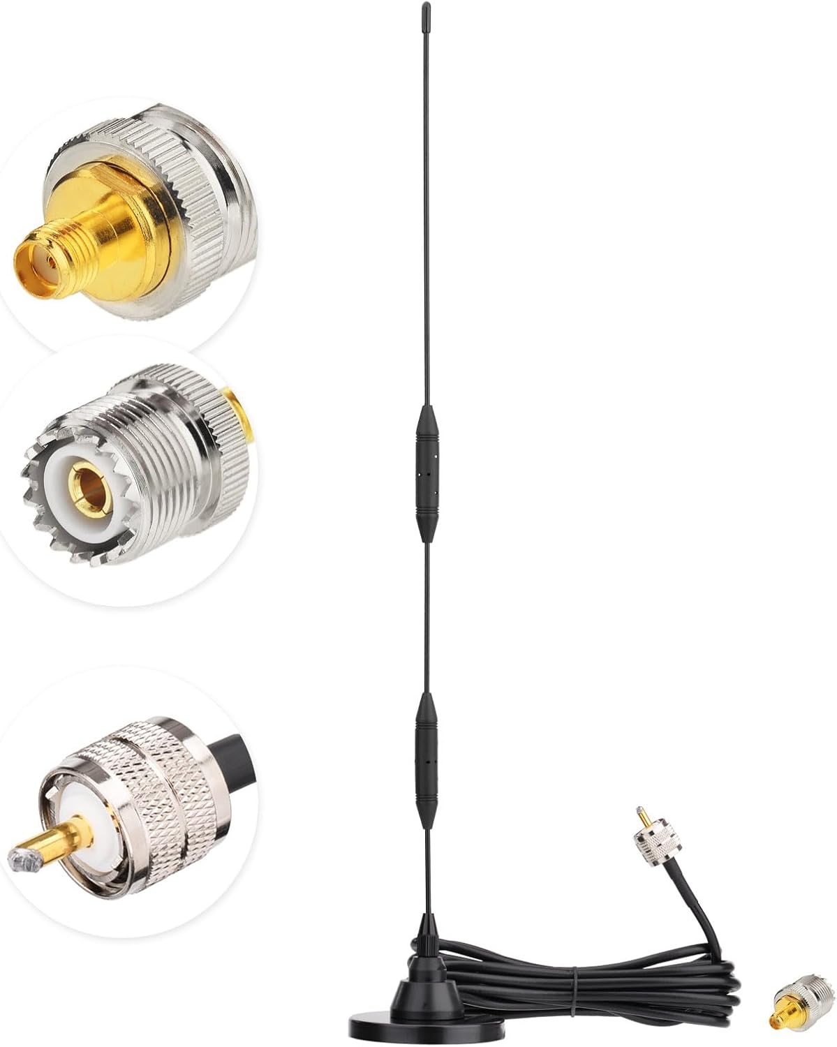 Eightwood Car Mobile Ham Radio Antenna High Gain Dual Band VHF UHF 136-174MHz 400-480MHz PL259 Male Antennae Magnetic Base with SMA Female to SO239 Adapter for BTECH Anytone Baofeng Radios