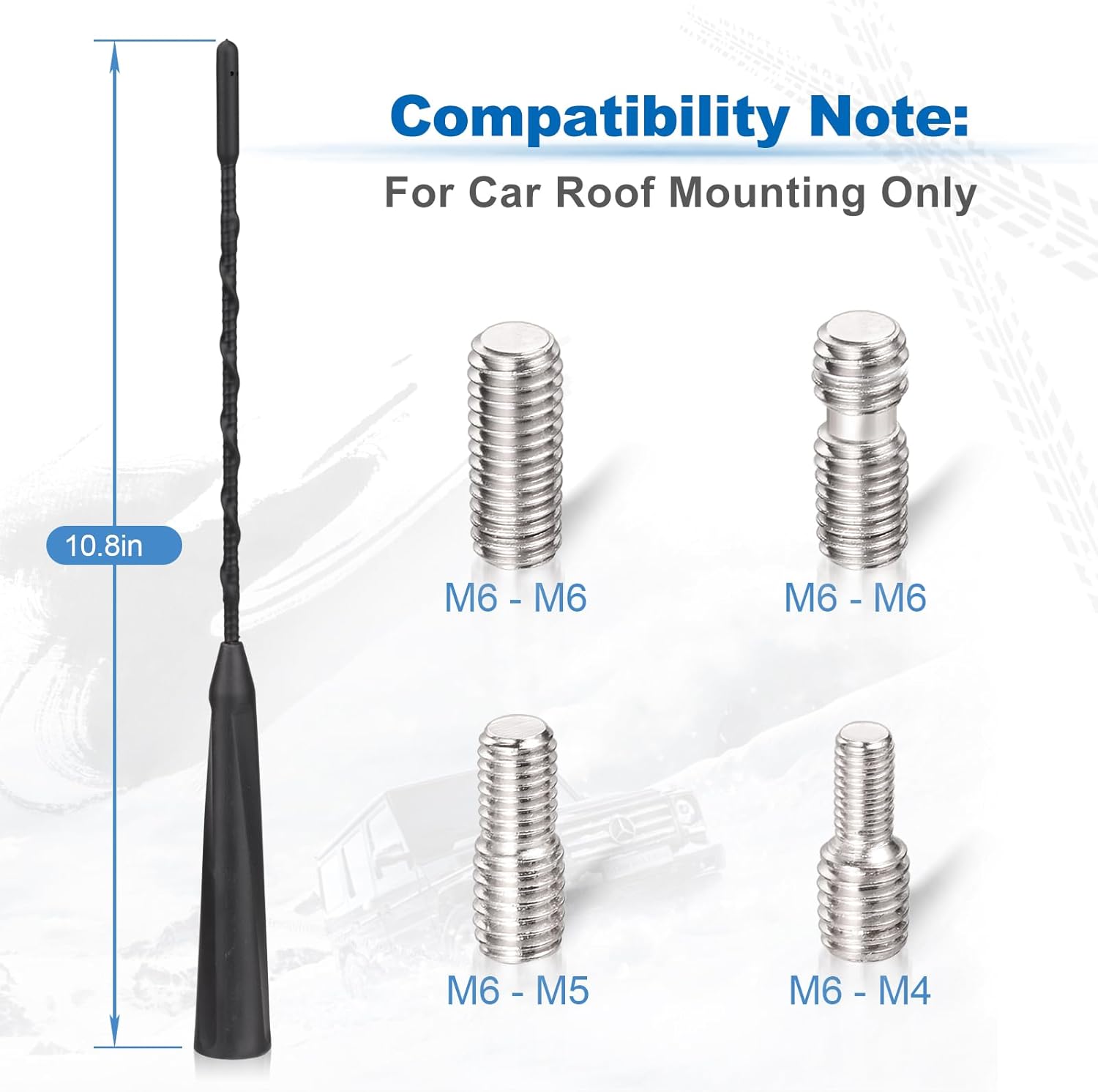 Eightwood Vehicle Roof Mount Antenna Mast 10.8in, Rubber AM FM Car Radio Antenna Replacement with M4 M5 M6 Thread Adapters