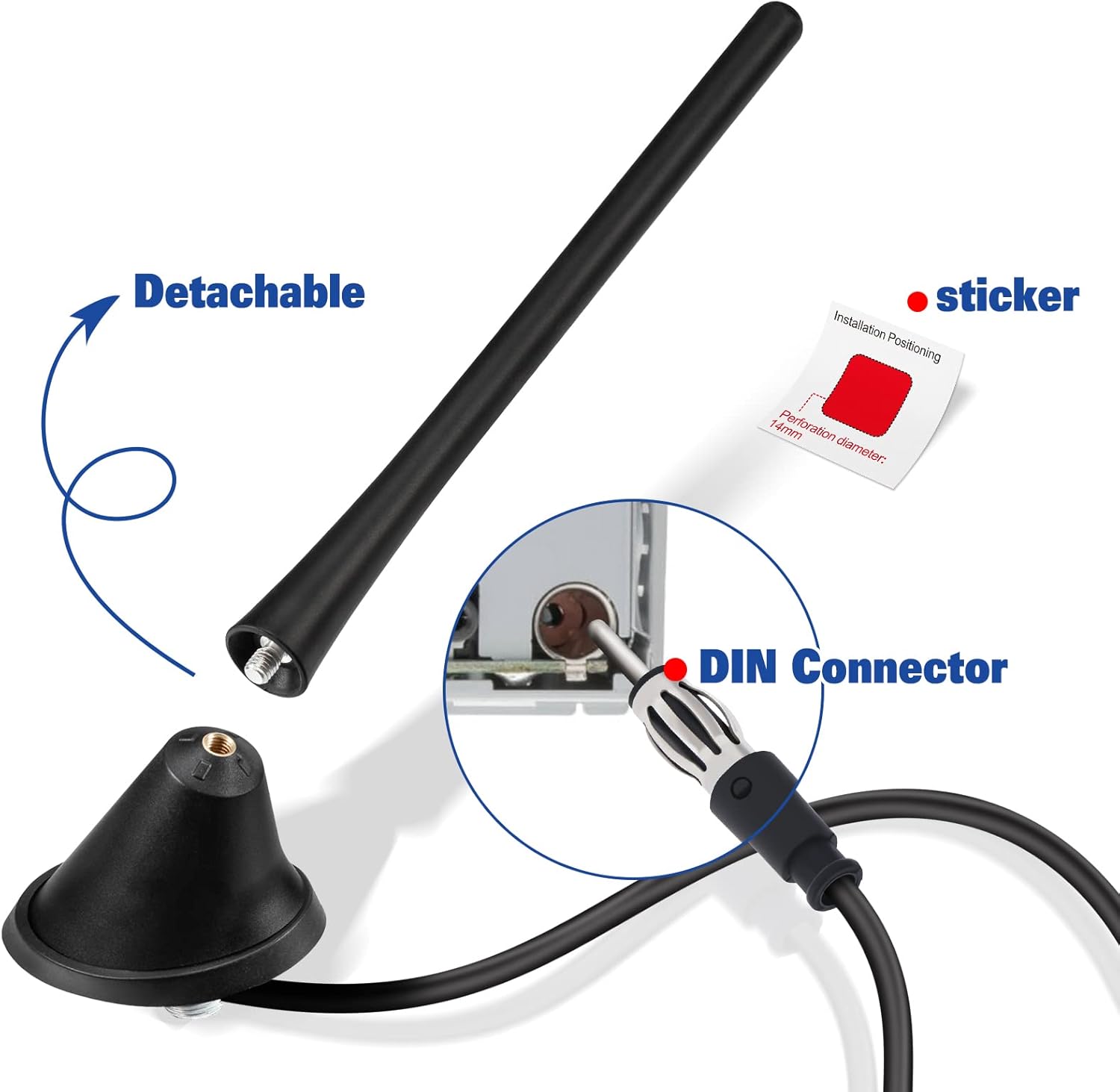 Eightwood Car Stereo AM FM Radio Antenna, Universal Roof Mount Antenna Replacement with Mount Base 16ft Extension Cable for Vehicle Car Truck Stereo Receiver Head Unit FM HD Radio