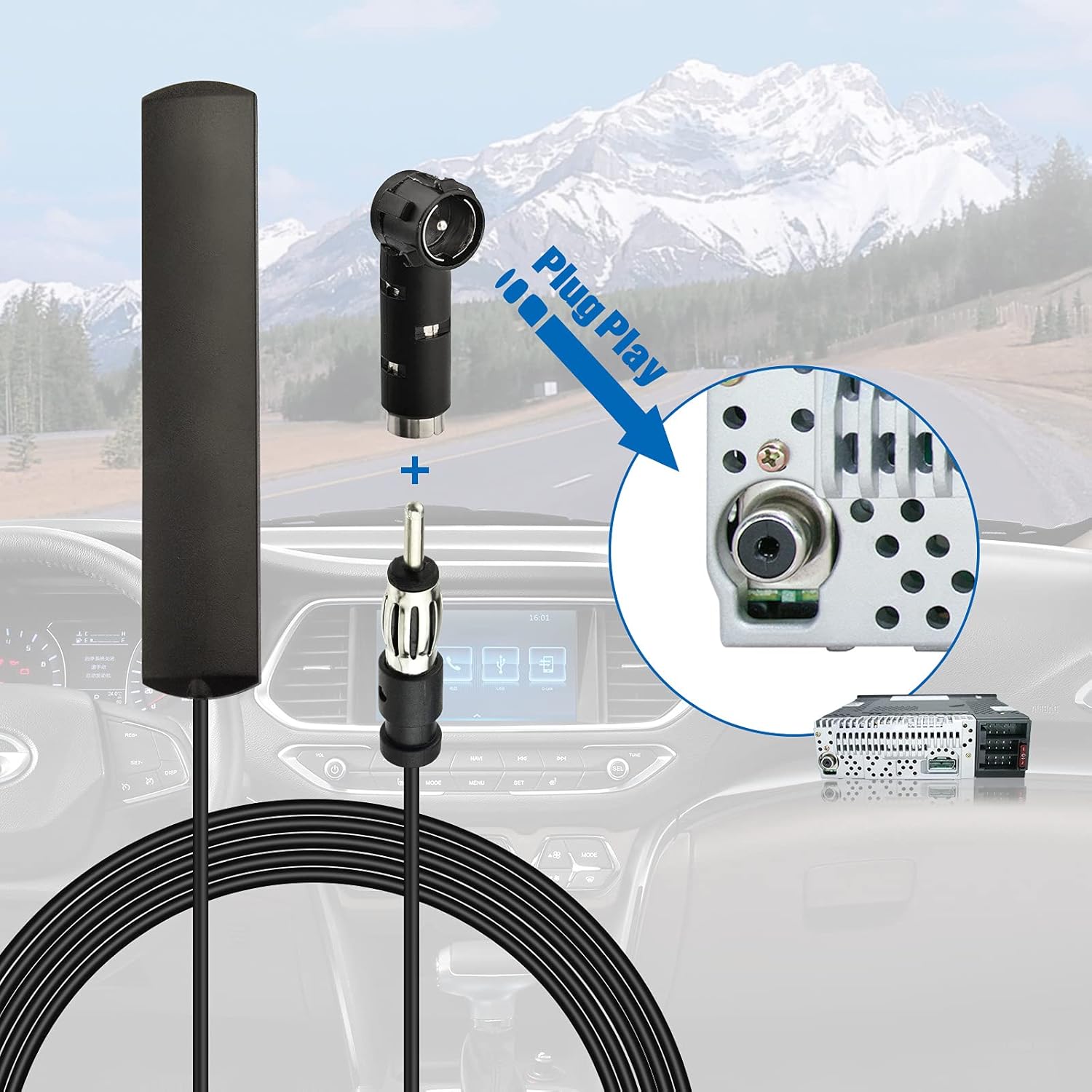 Eightwood Car Stereo FM Radio Antenna, Hidden Windshield Antenna, DIN Plug Adhesive Patch Antennae + DIN Female to ISO Adapter for Vehicle Car Truck Stereo Receiver Head Unit FM HD Radio