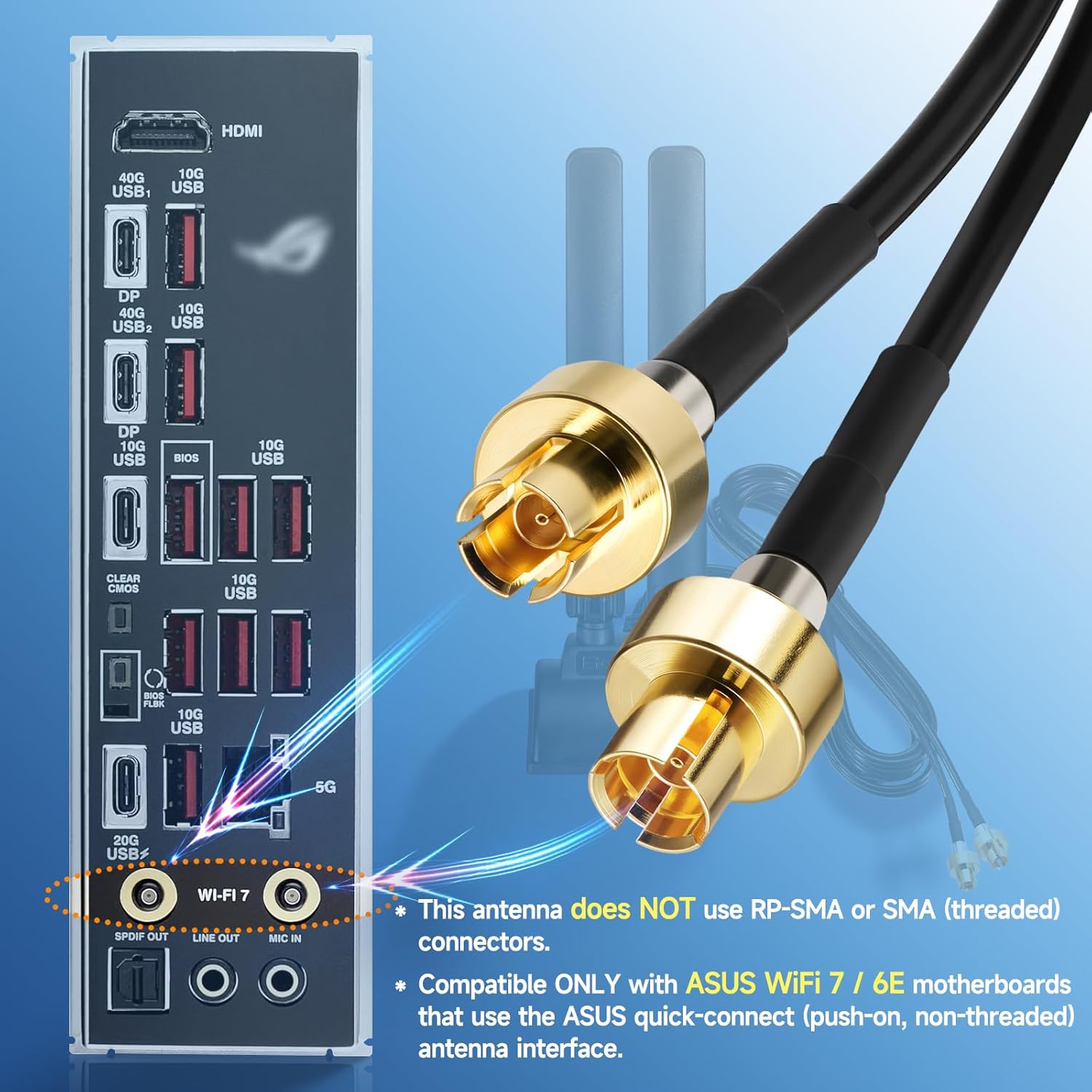 Eightwood Tri-Band WiFi 7 Motherboard Antenna for ASUS Desktop PC, Magnetic Base with 6.5ft Cable and Push-On Connector, Compatible with ROG Strix, TUF Gaming, ProArt, Prime Motherboards