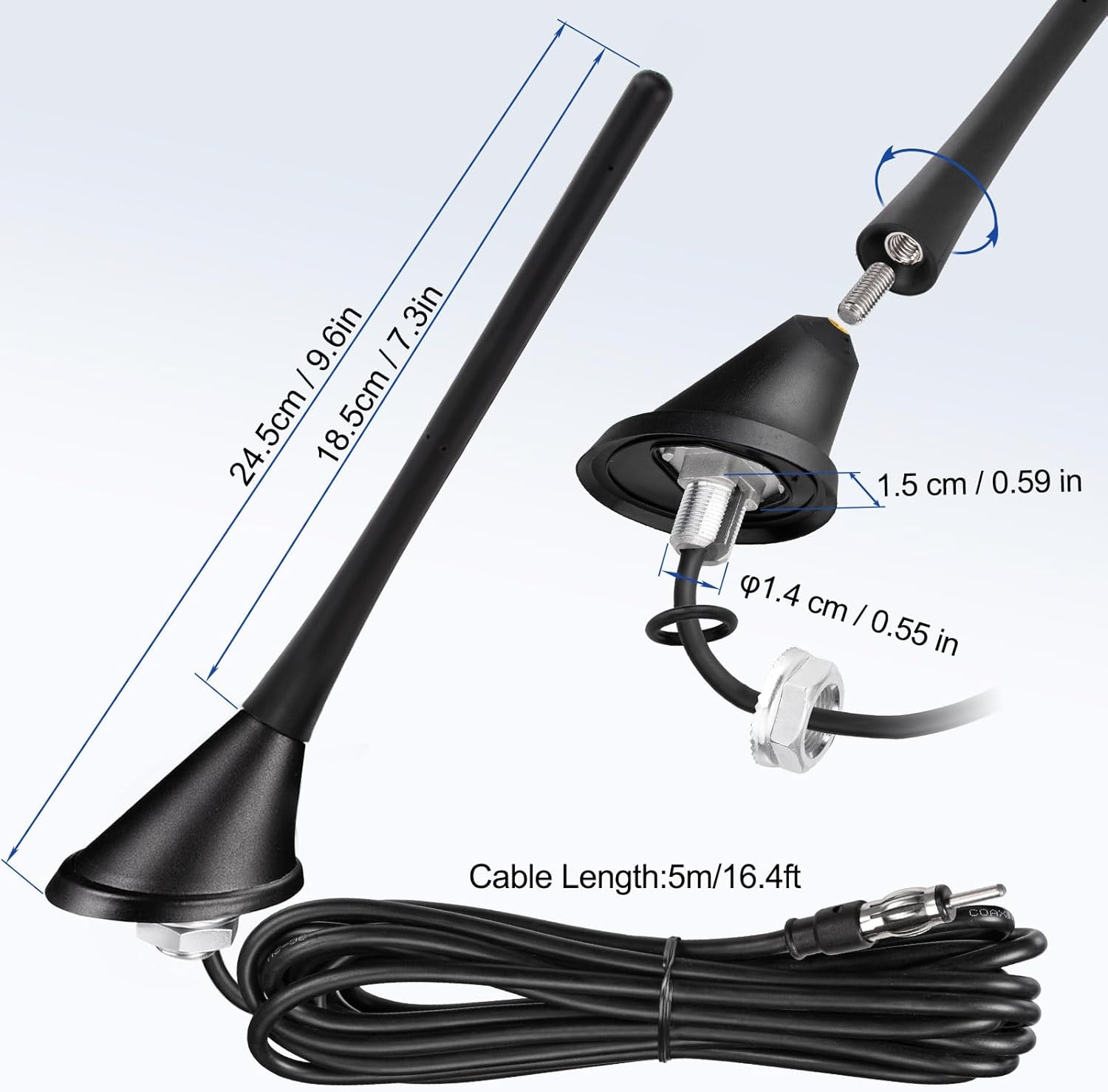 Eightwood Autoradio Antenne FM AM Radio Antenne Auto DIN-Radioantenne Dach 500cm Verlängerungskabel für Auto LKWs SUV Digital Radio FM Tuner