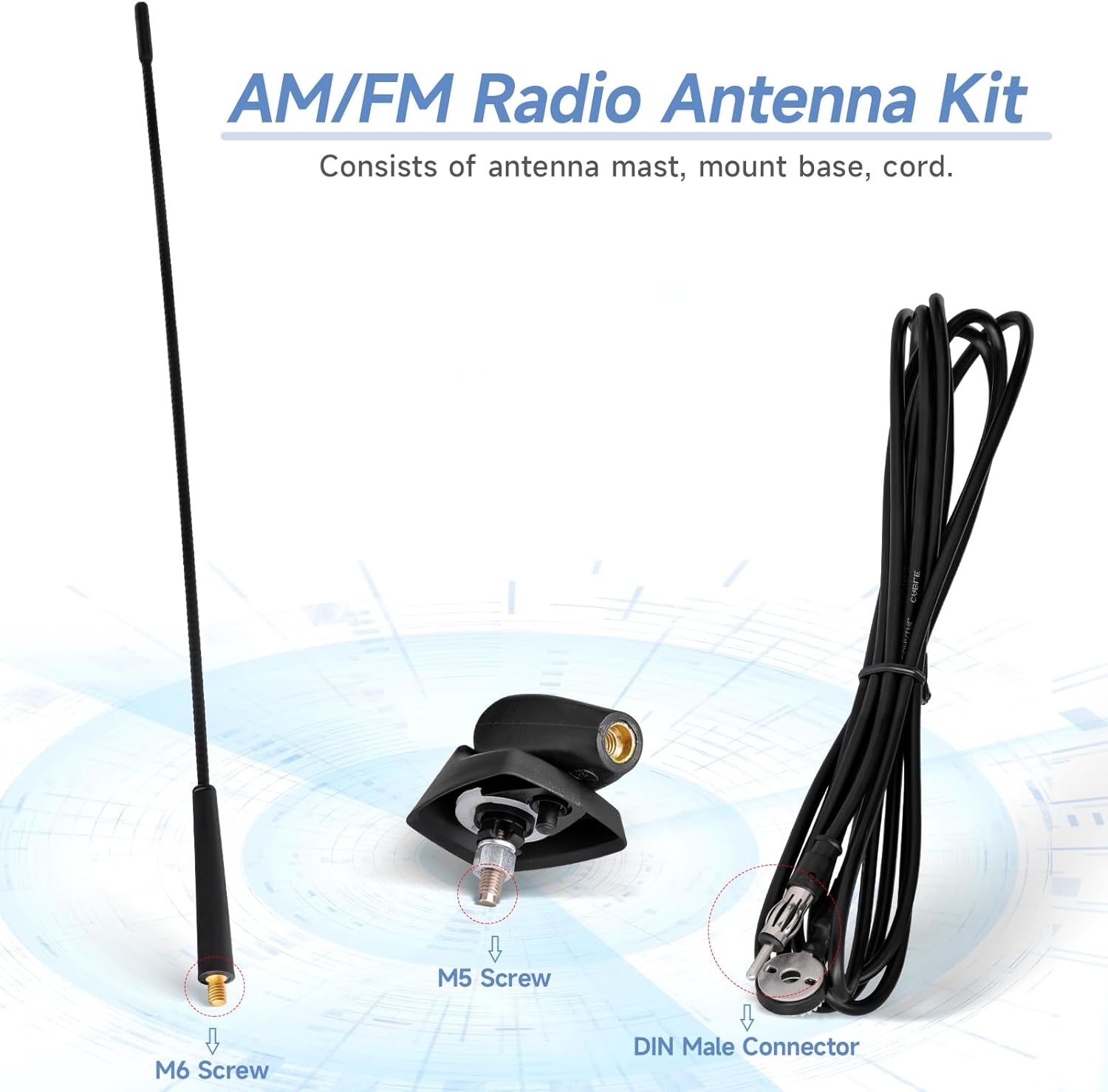 Eightwood Auto AM FM Radio Antenne Universelle Fahrzeugantenne 3 M Kabelanschluss Din Stecker Kompatibel mit Citroen Peugeot Renault Hyundai Nissan usw.