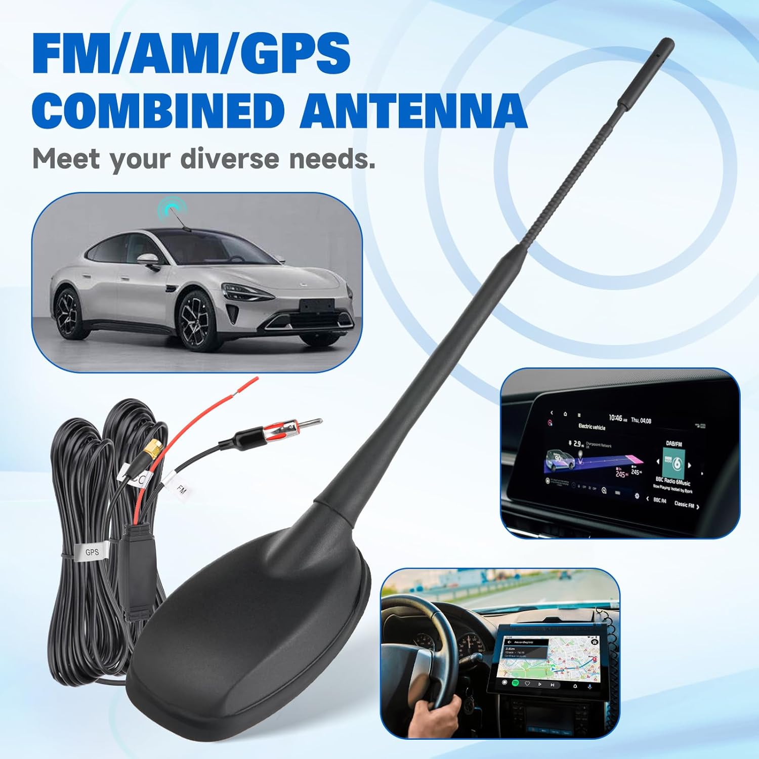 Eightwood FM/AM GPS Dachantenne Auto Radio Antenne Aktive Autoantenne mit Verstärker Auto Radio Amplifier 5M Kabel SMA Stecker DIN Adapter für Pioneer BP Clarion Alpine Digital Tuner usw