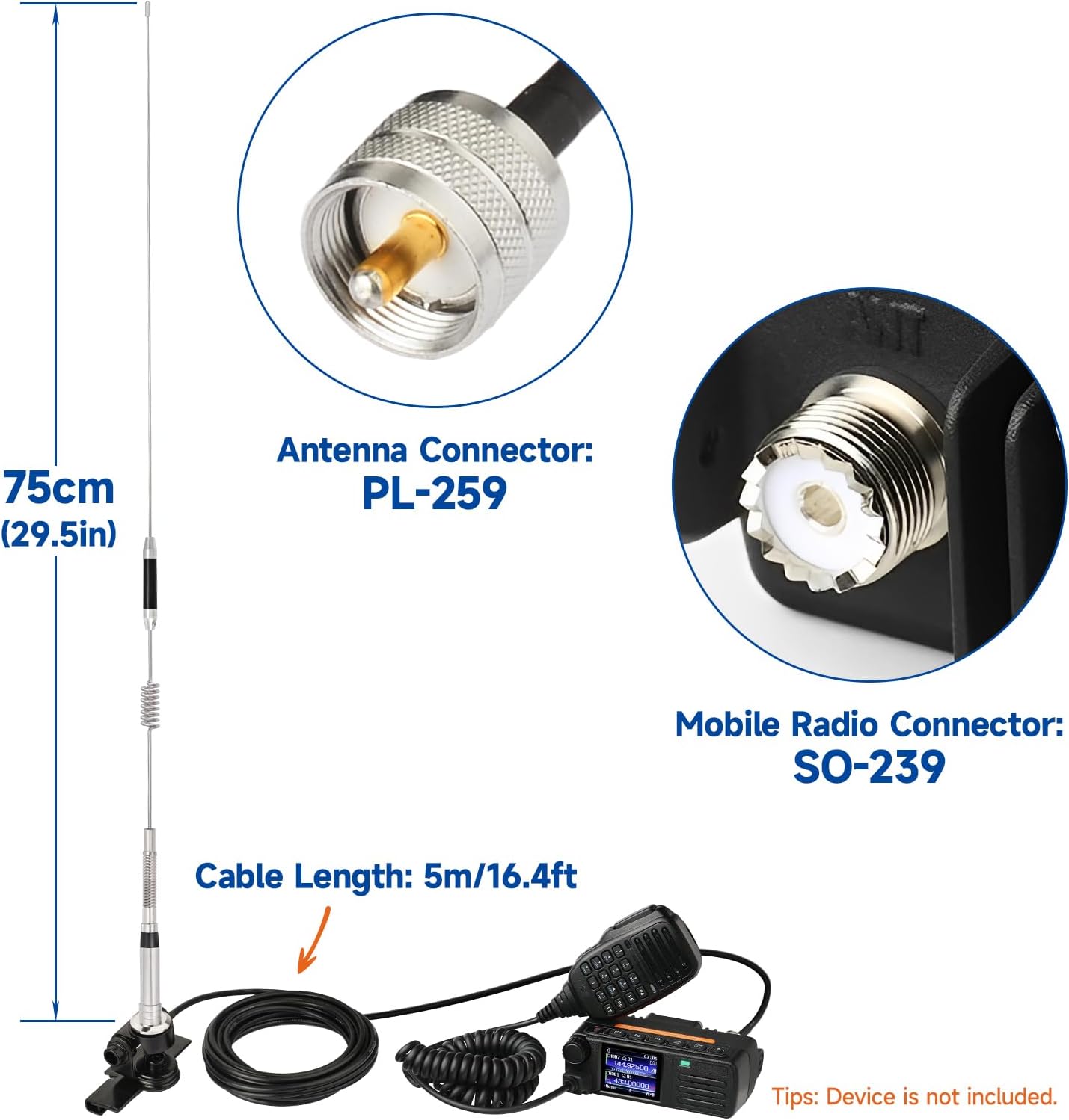 Eightwood VHF UHF Antenna Car CB Mobile Radio Antenna 75 cm Stainless Steel Dual Band 144/430 MHz Antenna CB Radio Antenna Pl259 + 5M Extension Cable for BTECH ICOM Midland Yaesu TYT Cobra