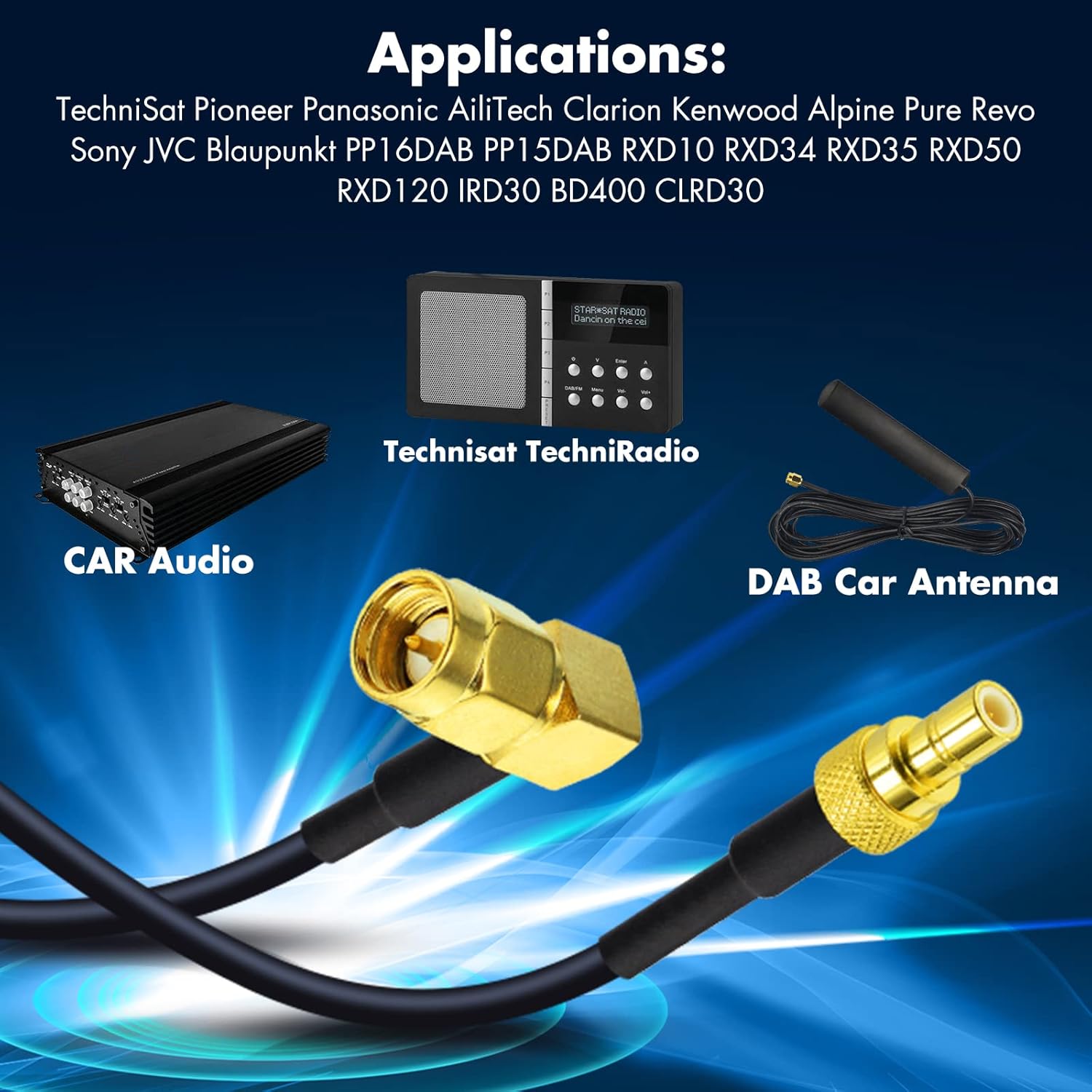 Eightwood DAB+ Antenna Adapter SMA Male to SMB Adapter SMA Cable RG174 50 cm 1.6 ft DAB Antenna Cable for Blaupunkt Beat TechniSat Pioneer Sony Alpine Multi-Way