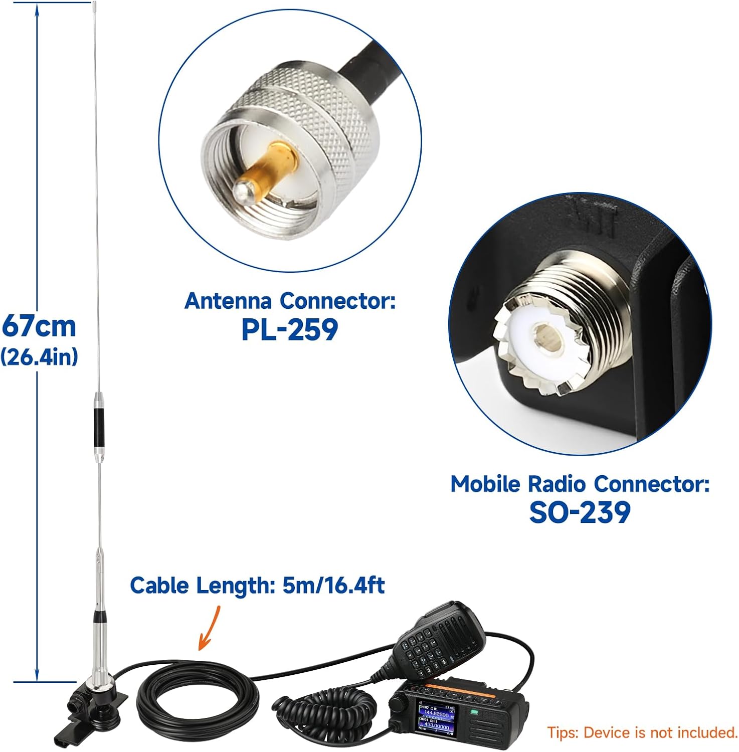 Eightwood Vehicle Mobile Ham Radio Antenna Dual Band PL259 VHF UHF 144/430MHz Anti-Rust Antennae 26in with Lip Mount Fixed Bracket and RG58 Extension Cable 16.4ft for Vehicle Car Truck Amateur Radio