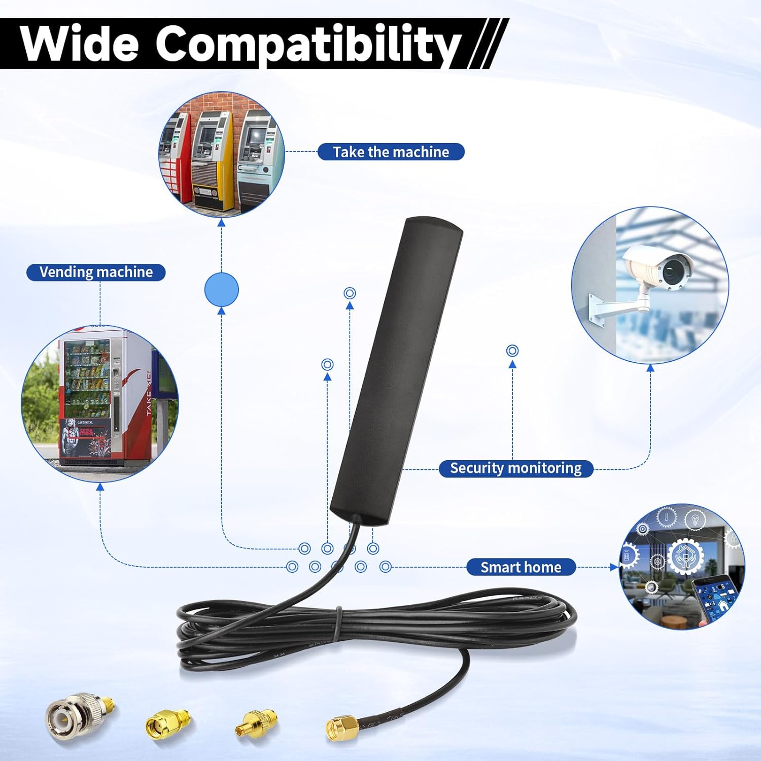 Eightwood 4G LTE Antenne GSM Antenne 3dBi SMA Stecker Glashalterung + 3 Adapter SMA auf BNC / TS9 / RP-SMA Adapter für GSM 2G 3G 4G LTE Router Wirelees Hotspot