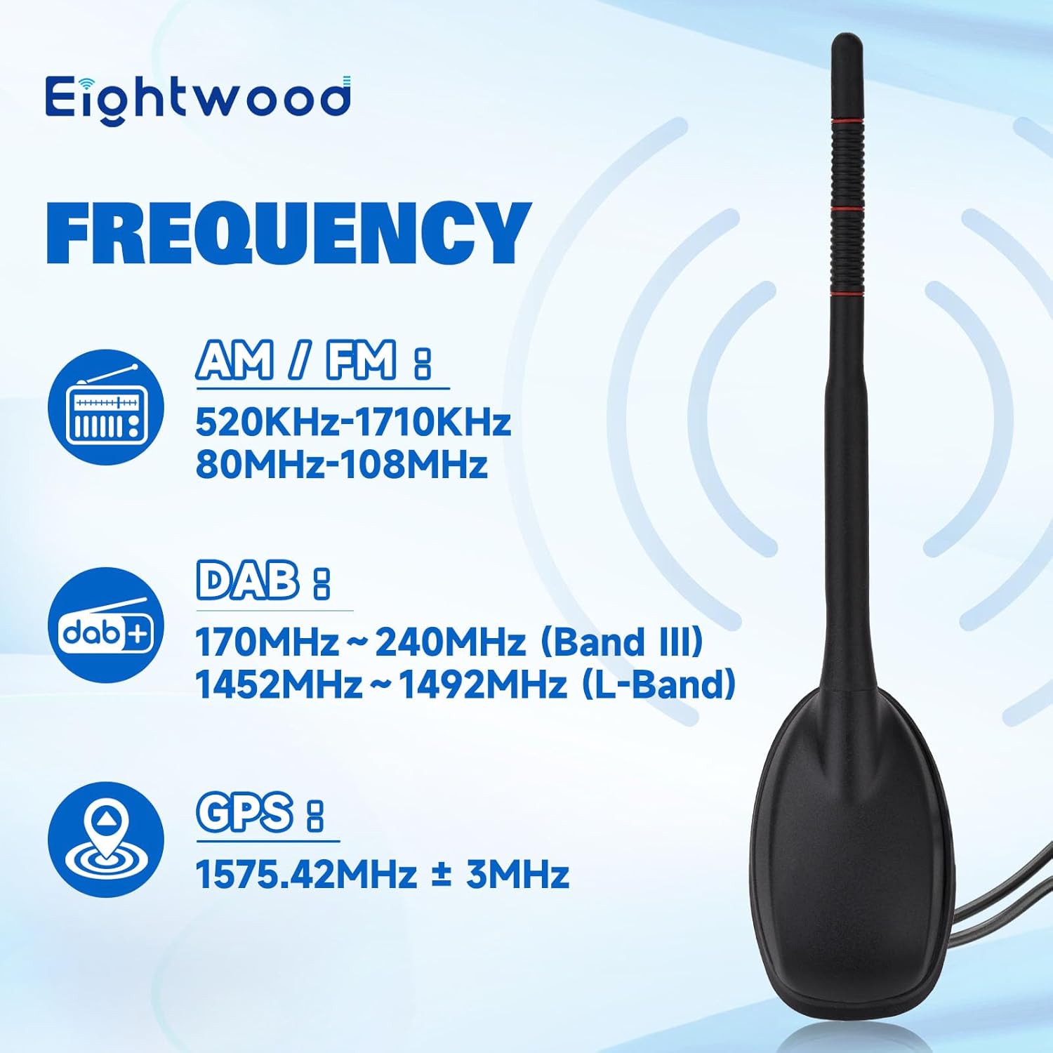 Eightwood Aktive DAB DAB+ Antenne Auto Digital Radio GPS DAB FM Antenne Auto Dachantenne Autoantenne mit Verstärker with SMB/SMA Stecker DIN Adapter Auto Radio Splitter Amplifier Verlängerung Kabel 5M