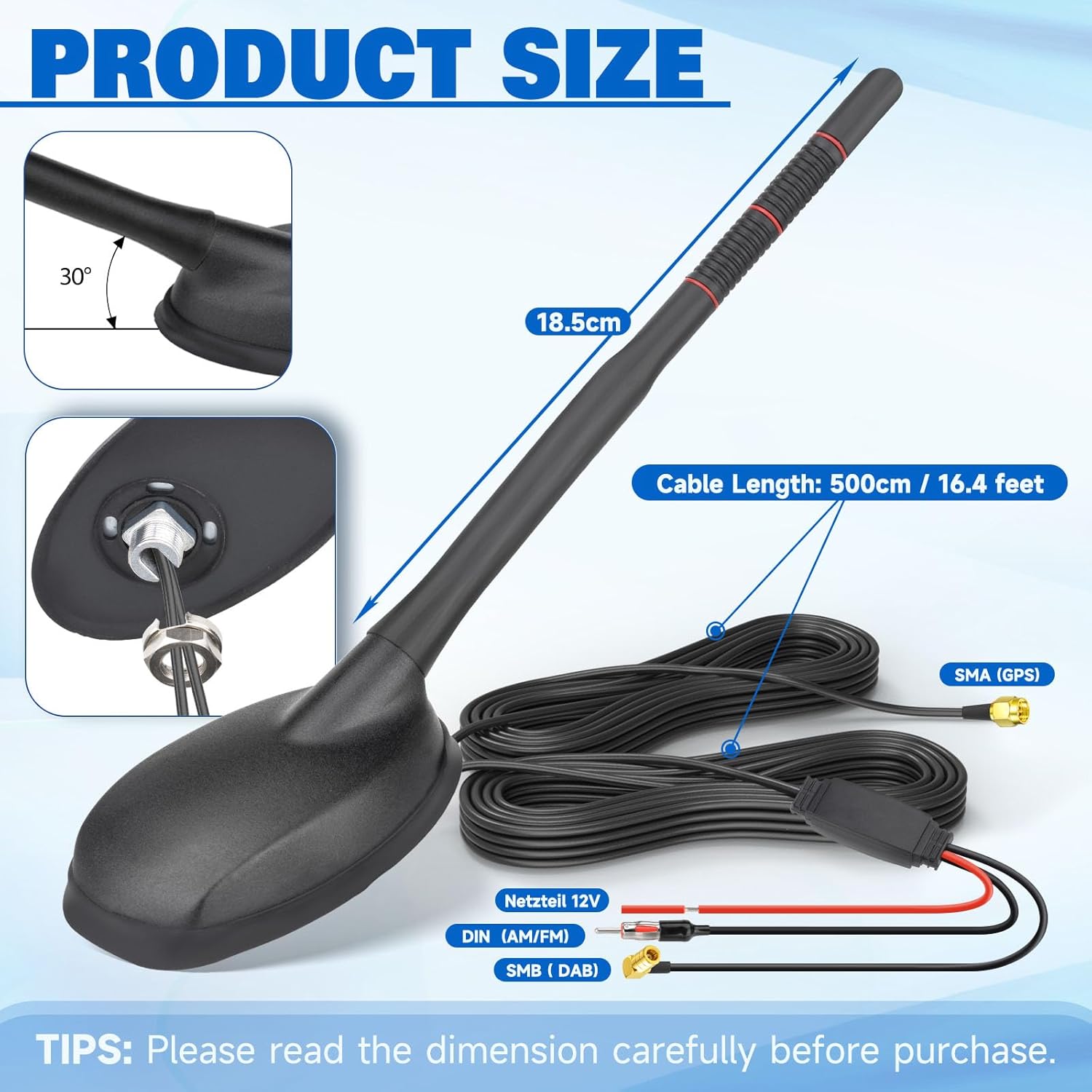 Eightwood Aktive DAB DAB+ Antenne Auto Digital Radio GPS DAB FM Antenne Auto Dachantenne Autoantenne mit Verstärker with SMB/SMA Stecker DIN Adapter Auto Radio Splitter Amplifier Verlängerung Kabel 5M