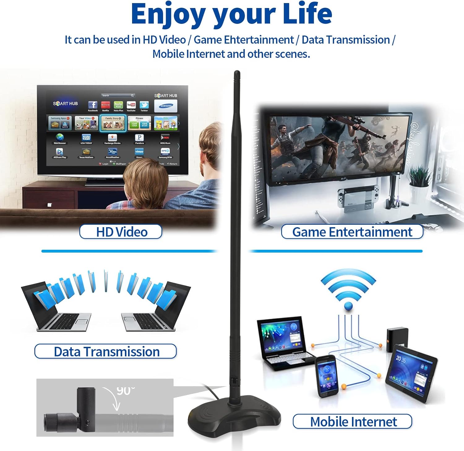 Eightwood Antenne WiFi 2.4G/5.8G RP-SMA Antenne 12dBi Tilt-and-Roll WLAN Antenne mit Basis Magnetica für Scheda WiFi Schede PCI WiFi Router Wirelesse Bluetooth ZigBee