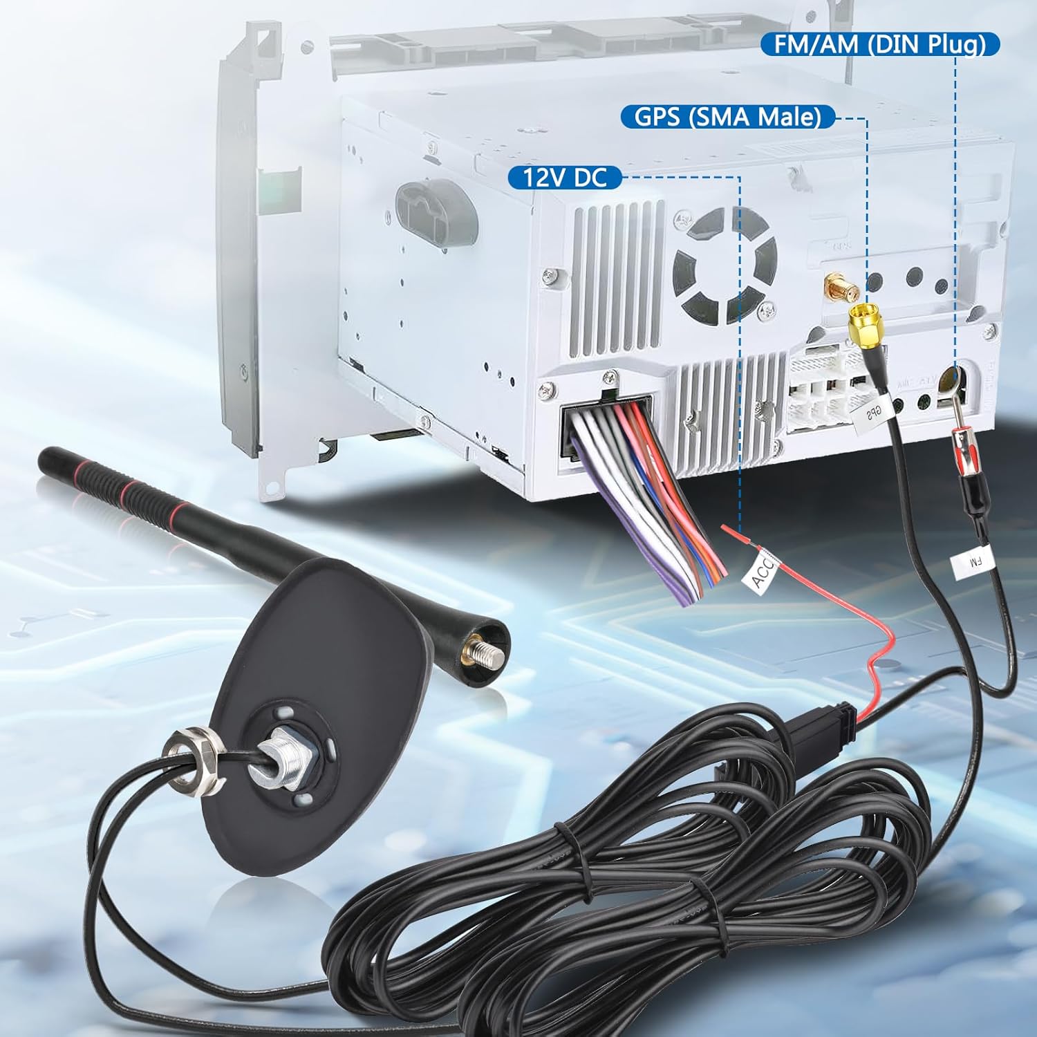 Eightwood FM/AM + GPS Car Combo Antenna, Amplified FM AM Radio Antenna DIN Plug and GPS Antennae SMA Connector for Vehicle Car Truck SUV Radio Stereo Receiver Head Unit GPS Navigation System