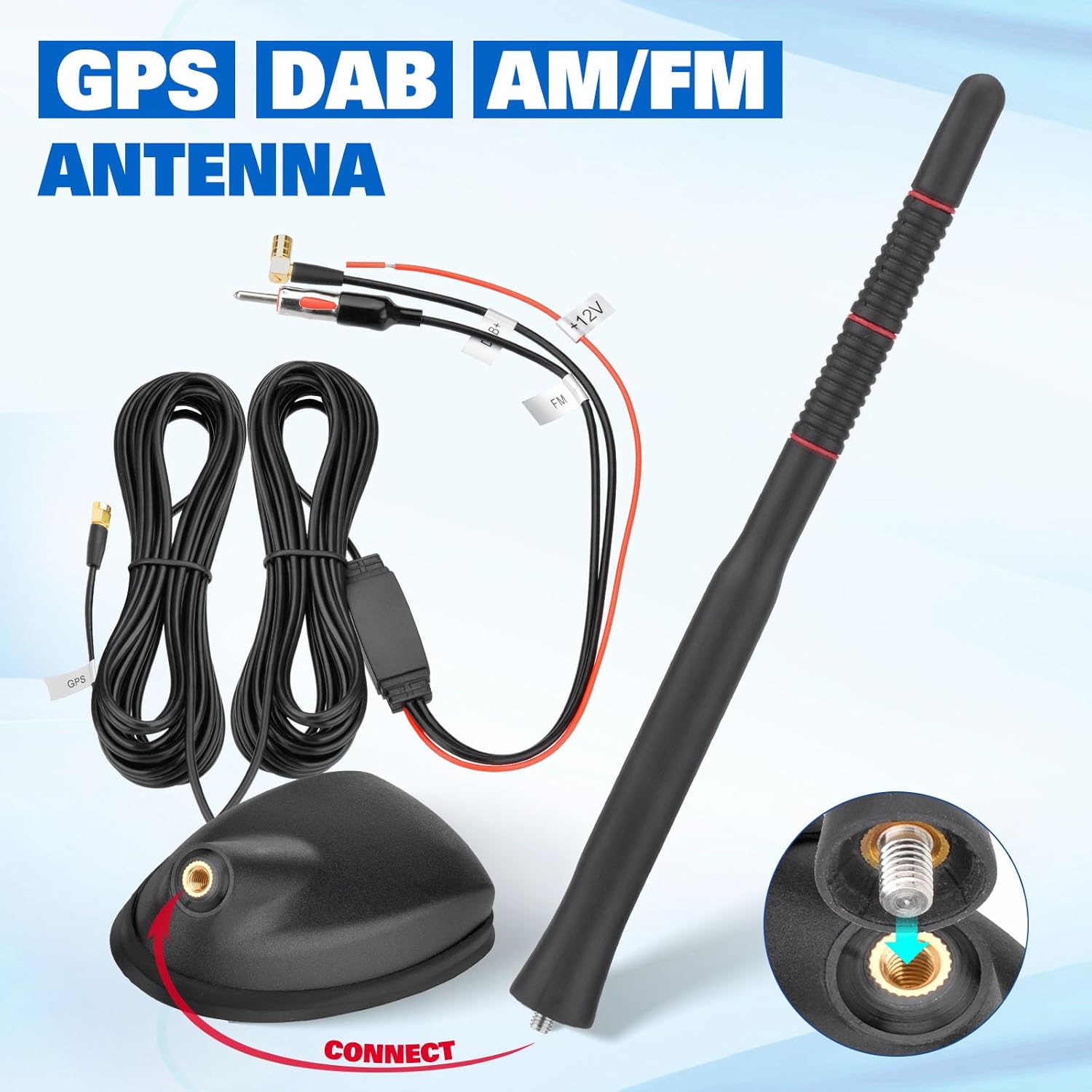 Eightwood Aktive DAB DAB+ Antenne Auto Digital Radio GPS DAB FM Antenne Auto Dachantenne Autoantenne mit Verstärker with SMB/SMA Stecker DIN Adapter Auto Radio Splitter Amplifier Verlängerung Kabel 5M