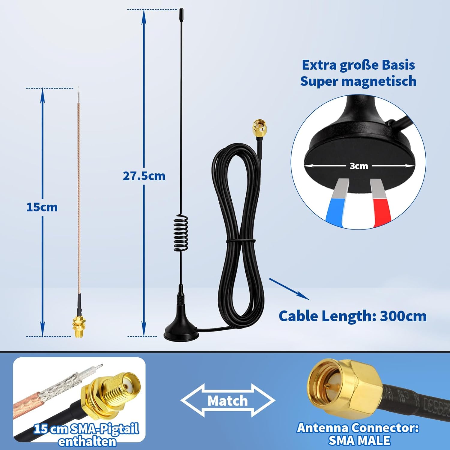 Eightwood 868 MHz Antenne SMA Antenne 868 MHz Homematic Antenne 5dBi + 15CM SMA Antennenkabel für GSM Lora Zigbee Dongle Wireless WiFi Homematic CCU3 CCU2 CC1101 Ham Radio usw.