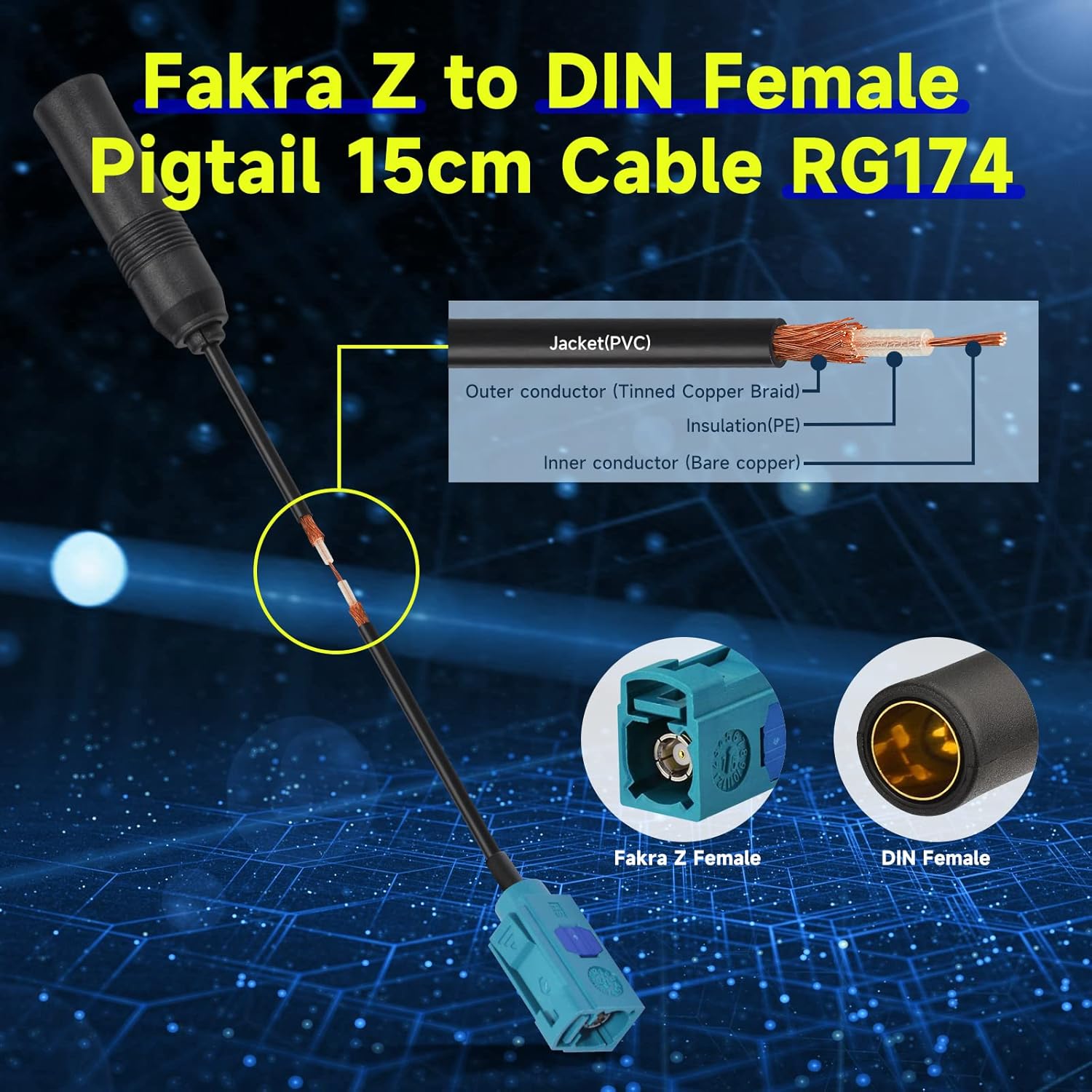 Eightwood DAB Car Aerial Cable Fakra"Z" to DIN Female Pigtail Cable RG174 6inch 15cm for AM/FM DAB+ Blaupunkt Pioneer Clarion Kenwood Alpine JVC