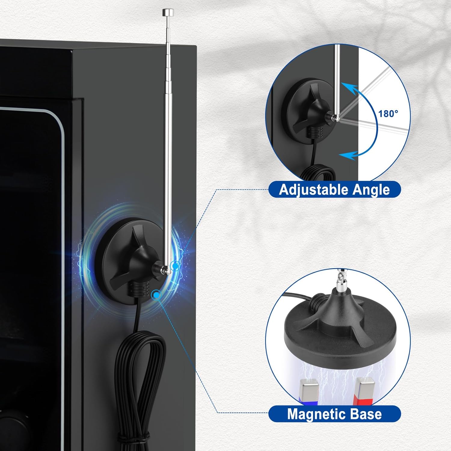 Eightwood FM Radio Antenna Digital Indoor Telescopic Antenna FM Radio Antenna 75 Ohm with Magnetic Base Extension Cable for DAB+ Radio FM Radio Tuner Stereo AV HiFi Receiver Sony Pioneer Bose