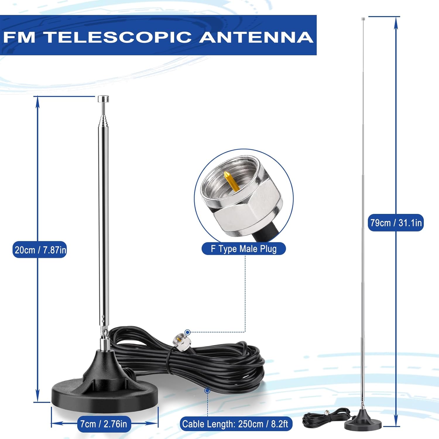 Eightwood FM Radio Antenna Magnetic Base Indoor FM Telescopic Antenna F Type Plug Connector with Adapter for Pioneer Onkyo Yamaha Marantz Bluetooth Home Theater Stereo Receiver HD Radio