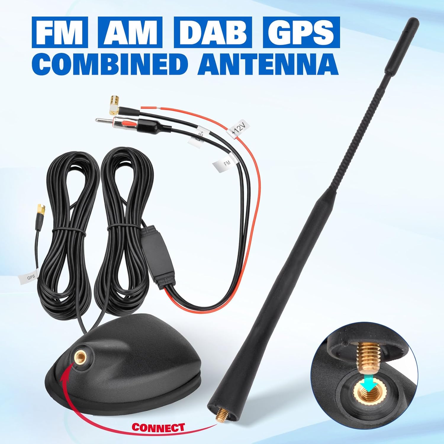 Eightwood DAB DAB+ Antenna Car Digital Radio Active GPS DAB FM Antenna Car with Amplifier Roof Antenna Car Signal Amplifier Extension Cable 5 m for Pioneer Sony Digital Radios Tuner