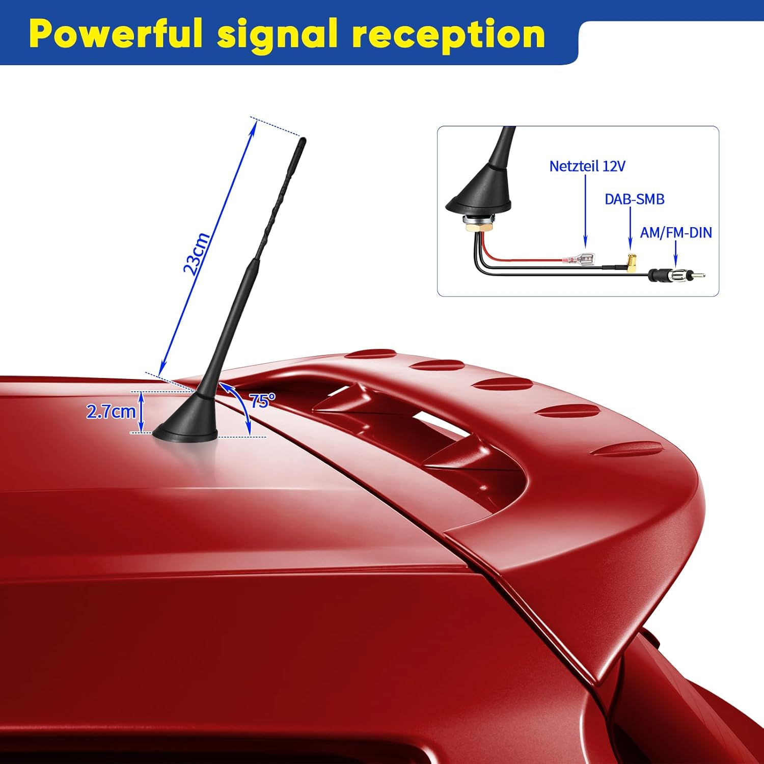Eightwood DAB Car Aerial Splitter Amplified SMB Aerial Universal Roof Mount Digital DAB Antenna with 5M 16.4ft Extension Cable for DAB DAB+ AM/FM Car Radio Blaupunkt Pioneer Clarion Kenwood Alpine JVC