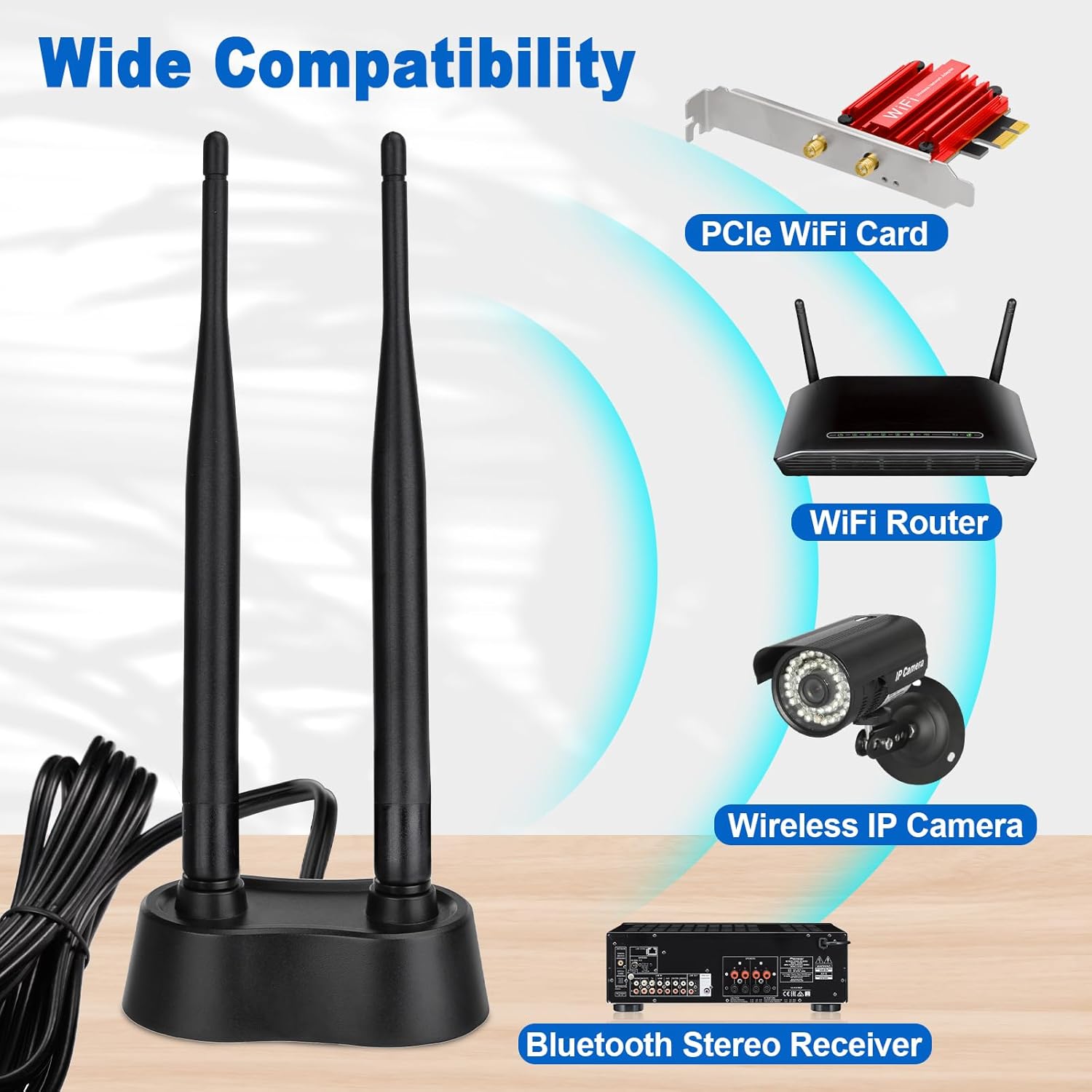 Eightwood 9dBi Dual Band WiFi Antenna 2.4GHz 5GHz RP-SMA WiFi Antenna with Magnetic Base and 6.5ft Extension Cable for PC Desktop Computer PCIe WiFi Bluetooth Wireless Network Card, WiFi Router