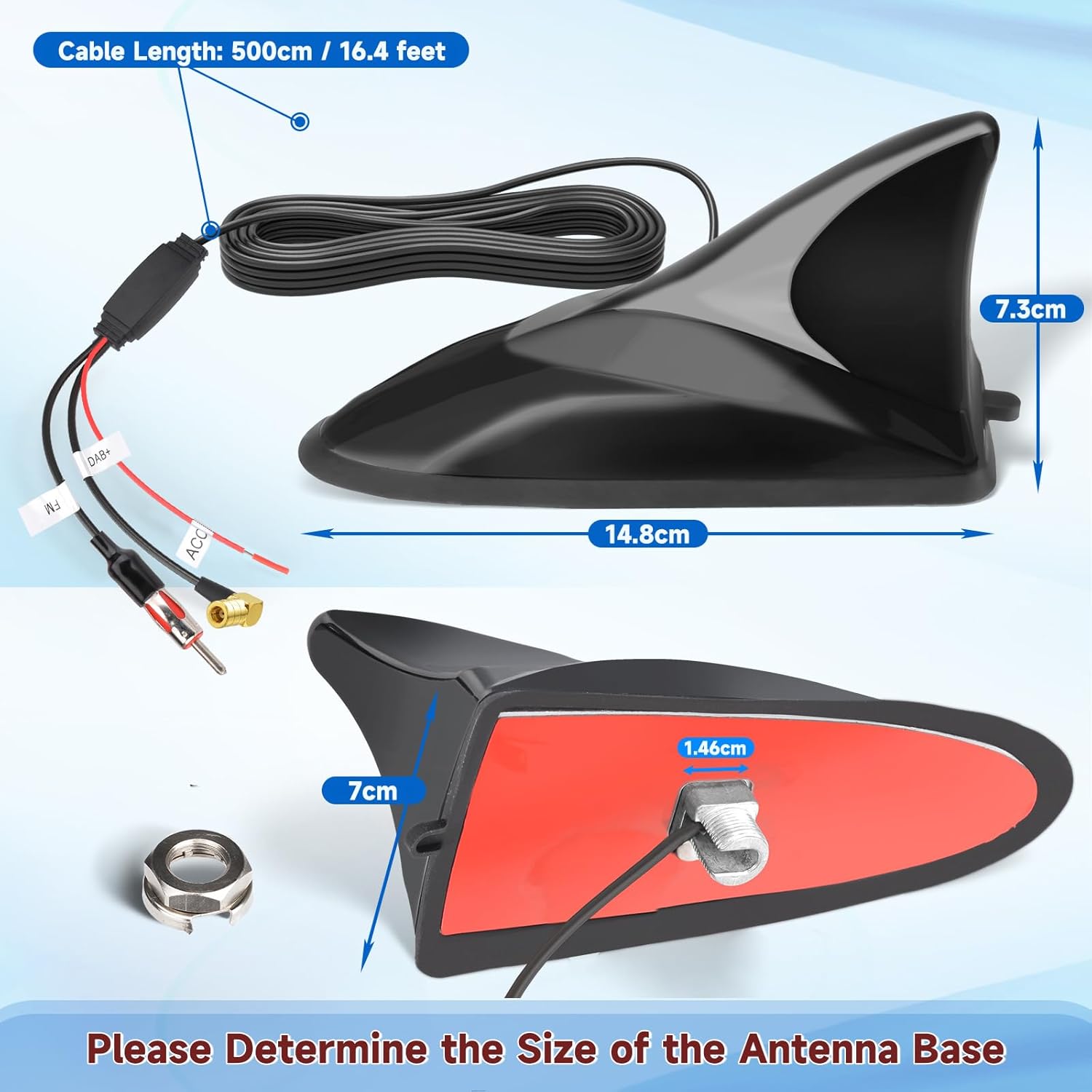 Eightwood Aktive DAB/DAB+ Antenne Shark Antenne Auto Digital Radio FM Antenna Auto Dachantenne Autoantenne mit Verstärker with SMB Stecker DIN Adapter Autoradio Splitter 5M Verlängerung Kabel