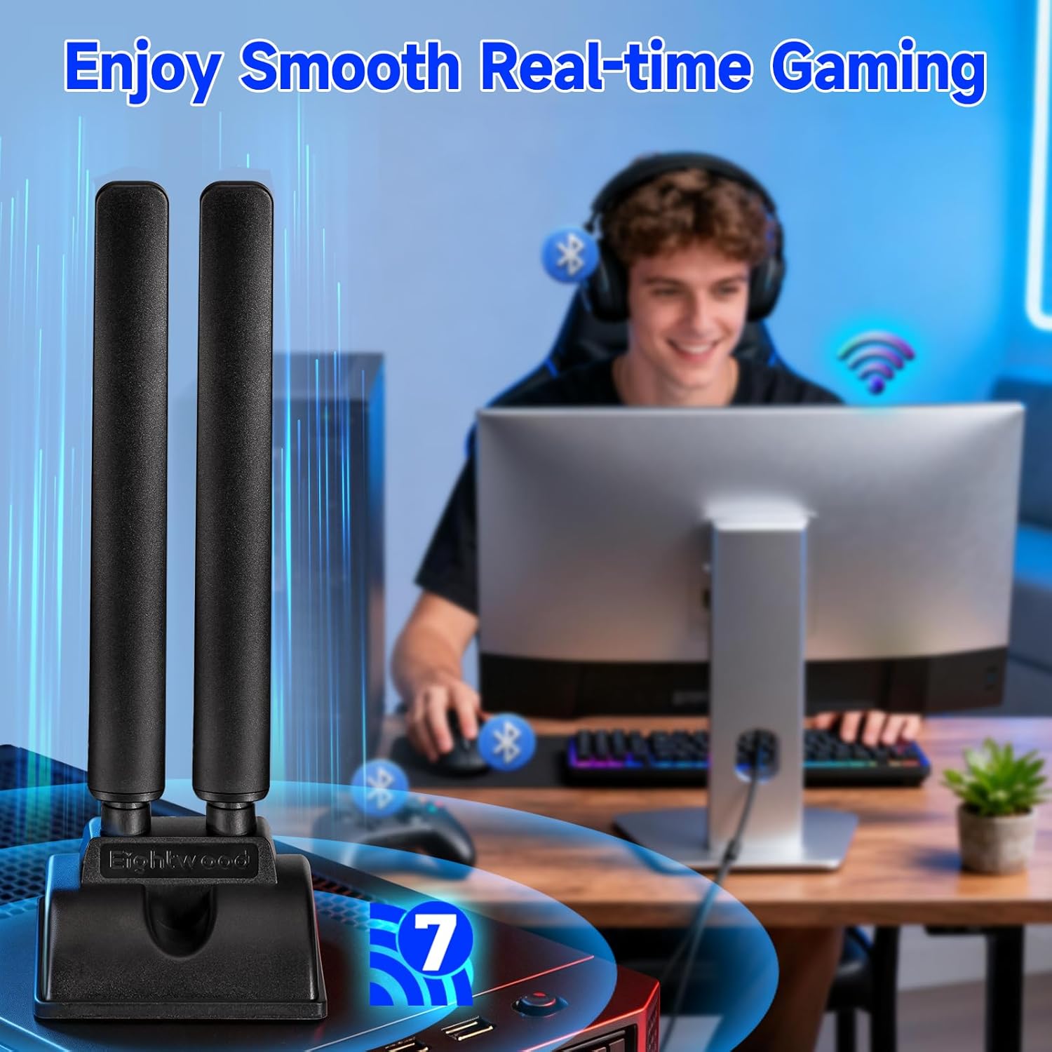 Eightwood Tri-Band WiFi 7 Motherboard Antenna for ASUS Desktop PC, Magnetic Base with 6.5ft Cable and Push-On Connector, Compatible with ROG Strix, TUF Gaming, ProArt, Prime Motherboards