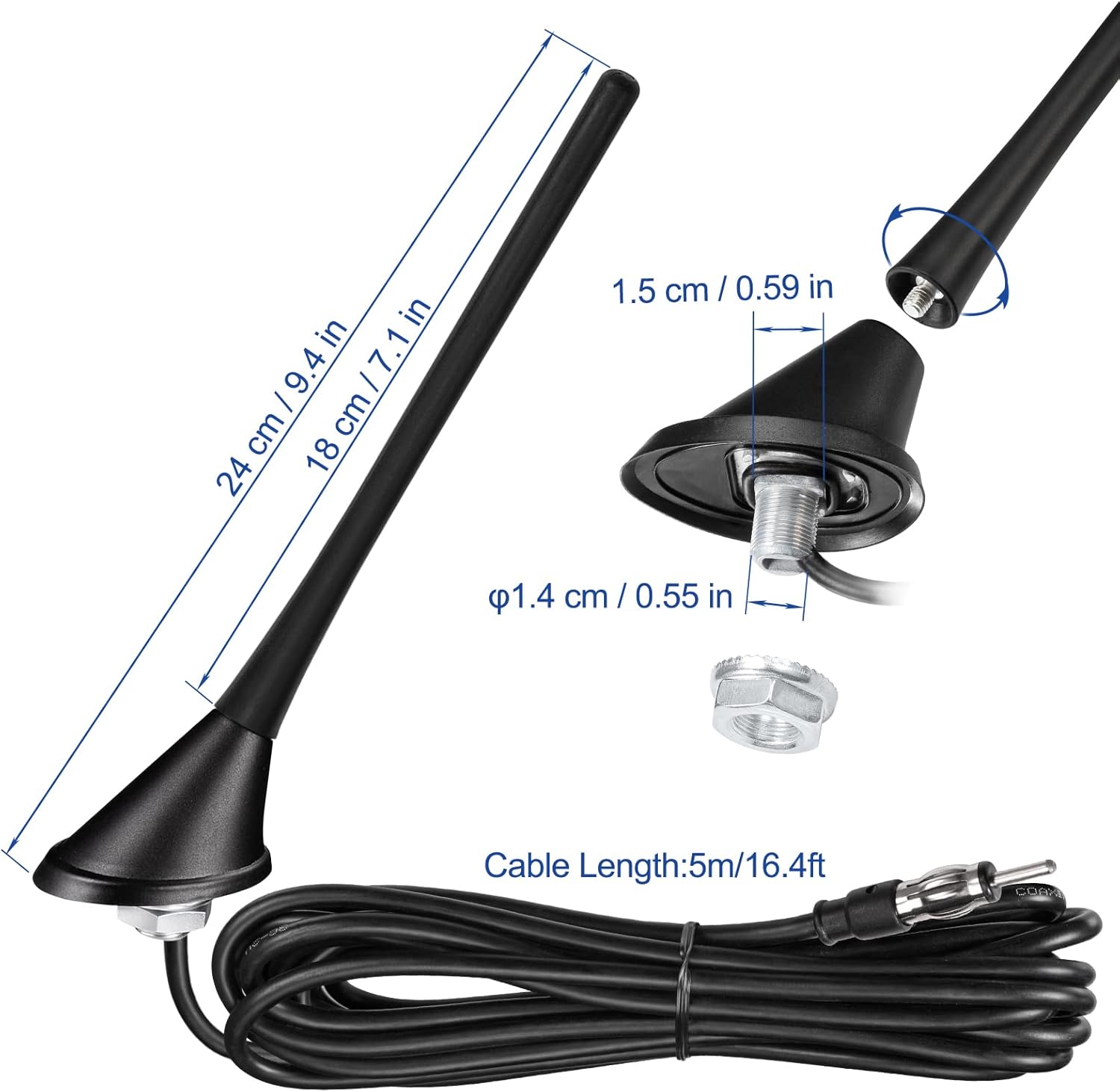 Eightwood Autoantenne AM/FM mit Verstärker Antenne Auto FM 17.5cm Dachantenne Autoantenne Autoradio Antenne Amplifier mit DIN Adapter 500CM Kabel