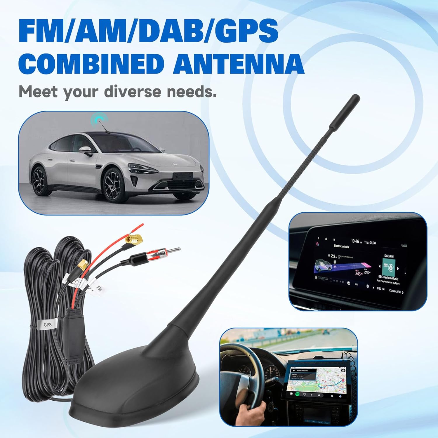 Eightwood DAB DAB+ Antenna Car Digital Radio Active GPS DAB FM Antenna Car with Amplifier Roof Antenna Car Signal Amplifier Extension Cable 5 m for Pioneer Sony Digital Radios Tuner