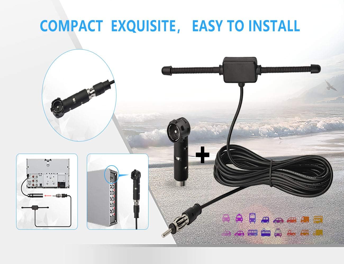 Eightwood Autoradio Antenne FM Car Radio Antenne Radio Patch Windschutzscheiben Paste Antenne FM 300cm Kabel + DIN Buchse 41585 auf ISO Adapter für Autos Radios LKWs Universal MEHRWEG