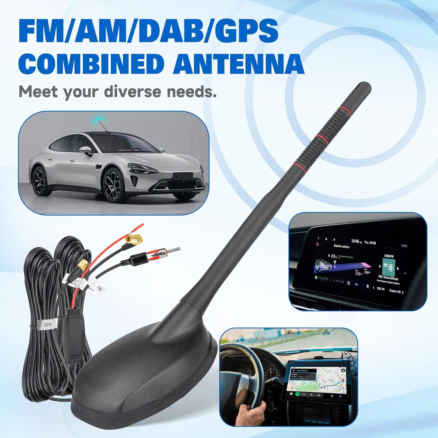 Eightwood Aktive DAB DAB+ Antenne Auto Digital Radio GPS DAB FM Antenne Auto Dachantenne Autoantenne mit Verstärker with SMB/SMA Stecker DIN Adapter Auto Radio Splitter Amplifier Verlängerung Kabel 5M