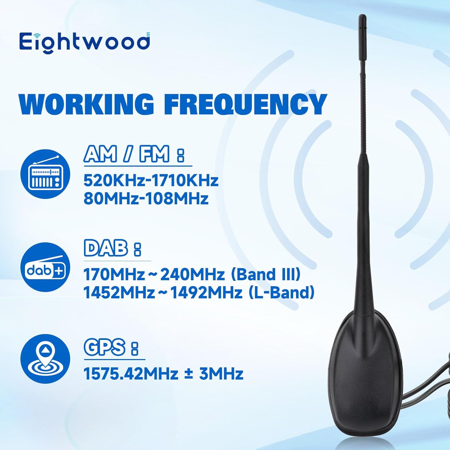 Eightwood DAB DAB+ Antenna Car Digital Radio Active GPS DAB FM Antenna Car with Amplifier Roof Antenna Car Signal Amplifier Extension Cable 5 m for Pioneer Sony Digital Radios Tuner