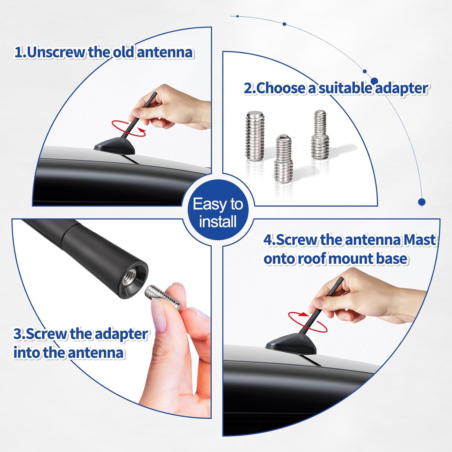 Eightwood Vehicle Radio Antenna 6.9 inch, Flexible Universal Roof Mount Car Antenna Mast Replacement with M4 M5 M6 Screw Adapter