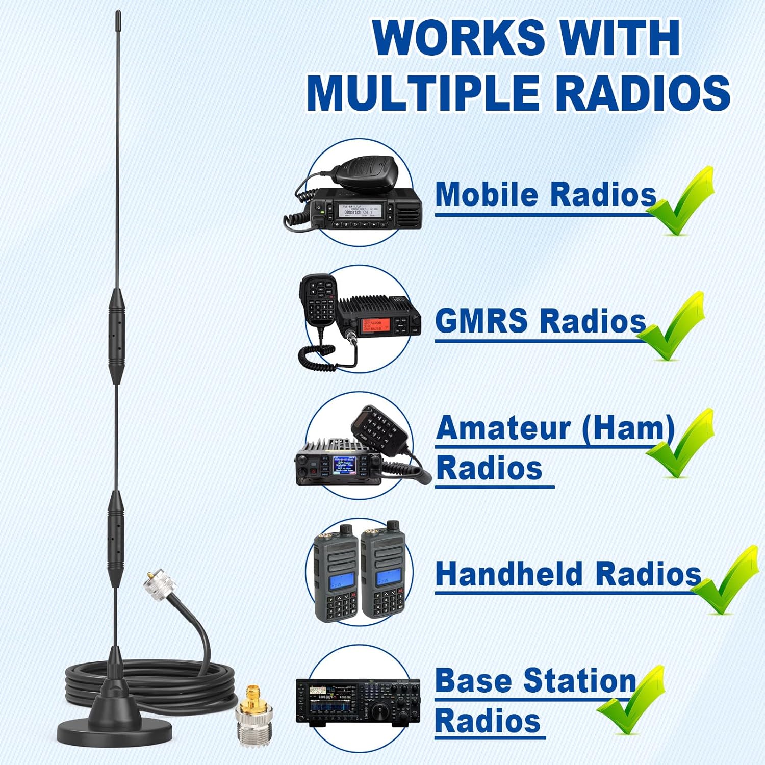 Eightwood Car Mobile Ham Radio Antenna High Gain Dual Band VHF UHF 136-174MHz 400-480MHz PL259 Male Antennae Magnetic Base with SMA Female to SO239 Adapter for BTECH Anytone Baofeng Radios