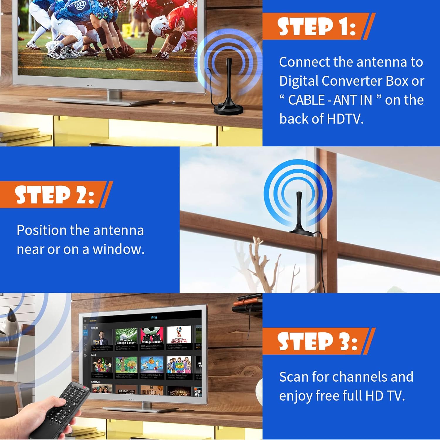 Eightwood HD Digital TV Antenna, Amplified Indoor HDTV Antennae with Magnetic Base 16ft Coax Cable, Support Smart 4K 1080P Fire TV and All Older TV's for Free Local Channels