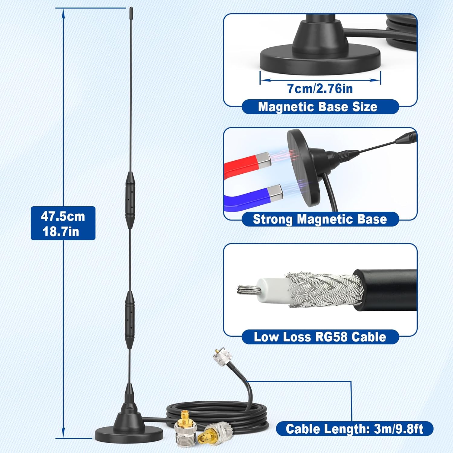 Eightwood VHF UHF Antenne Auto CB Mobilfunkantenne 47.5CM Dualband 144/430 MHz Antenne CB Funkantenne Pl259 Antenne + 300CM Verlängerungskabel für BTECH ICOM Midland Yaesu TYT Cobra usw.