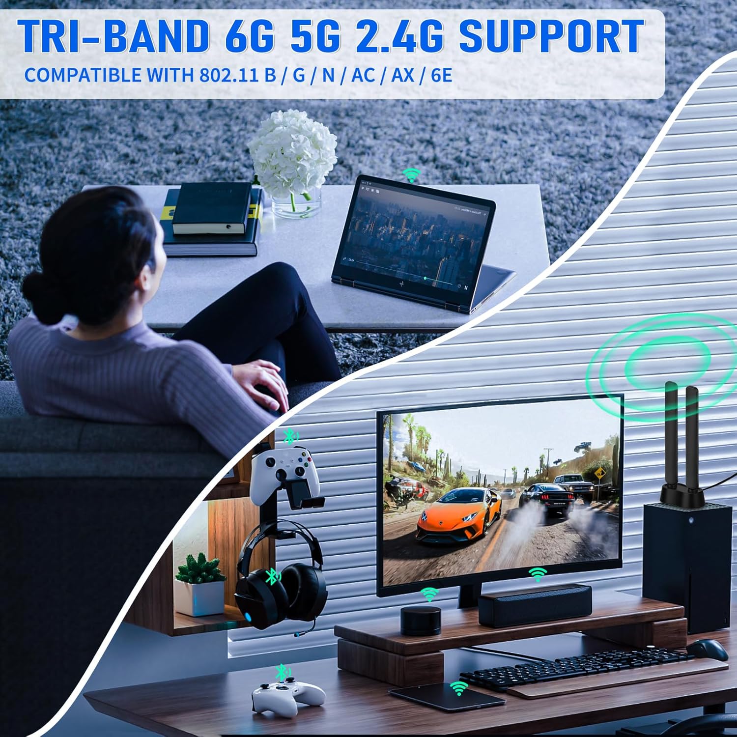 Eightwood WiFi 6E Antenne 2.4g/5g/5.8g/6g WLAN Signal Verstärker Tri-Band Magnetic Base mit RP-SMA Verlängerungskabel für Wi-Fi 5/6/6E Router PCI PCI-E Karte PC Mainboard Bluetooth