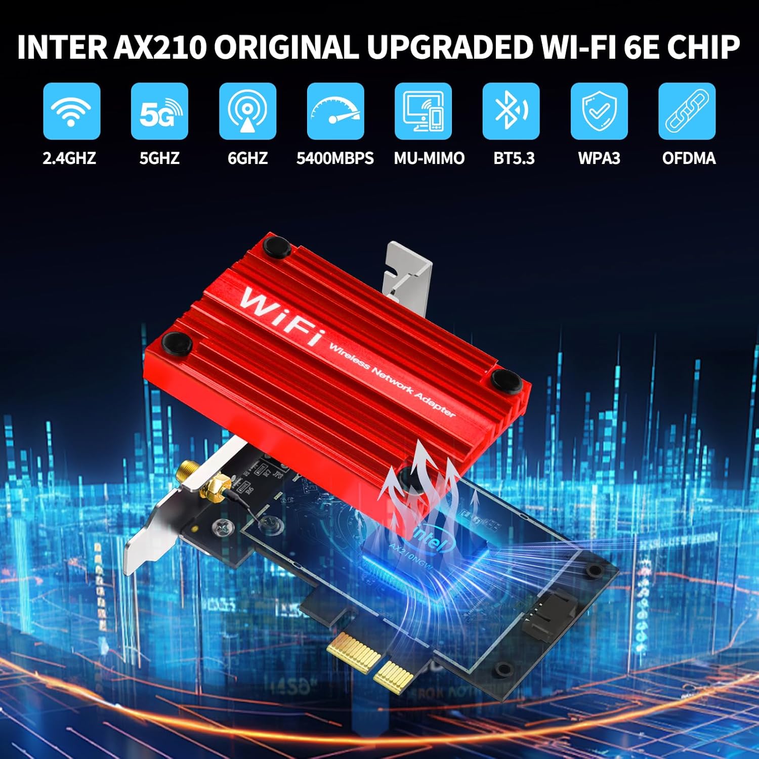 Eightwood WLAN Karte WiFi 6E Intel AX210 Bluetooth 5.3 WLAN Netzwerkkarte WLAN PCI-E Karte 6G/5G/2.4G Tri Band WiFi 6E Karte 5374 mbit/s mit Wi-Fi 6E Antenne + CD für PC Windows 11/10 (64 bit) Laptop