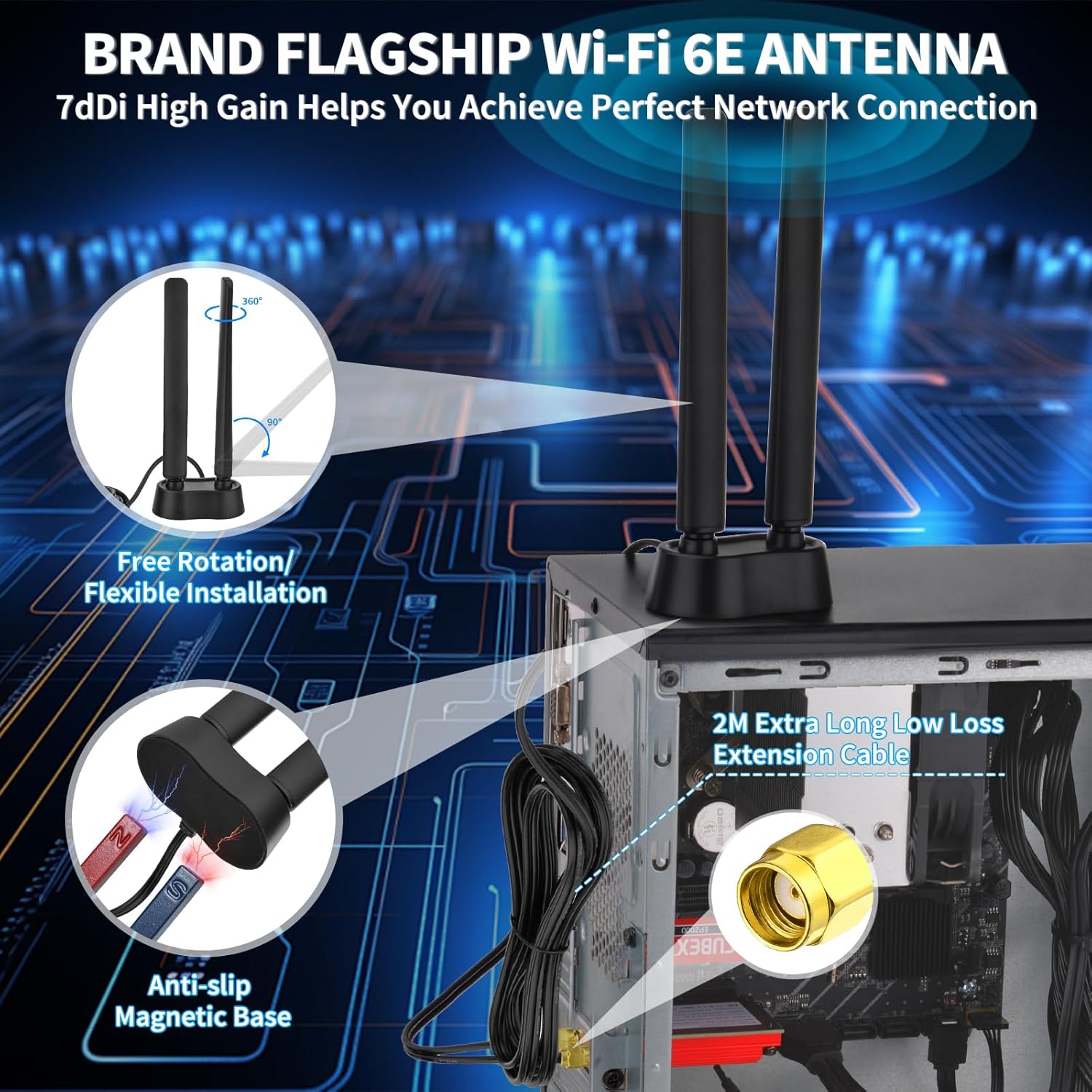 Eightwood WiFi 6E Antenne 2.4g/5g/5.8g/6g WLAN Signal Verstärker Tri-Band Magnetic Base mit RP-SMA Verlängerungskabel für Wi-Fi 5/6/6E Router PCI PCI-E Karte PC Mainboard Bluetooth