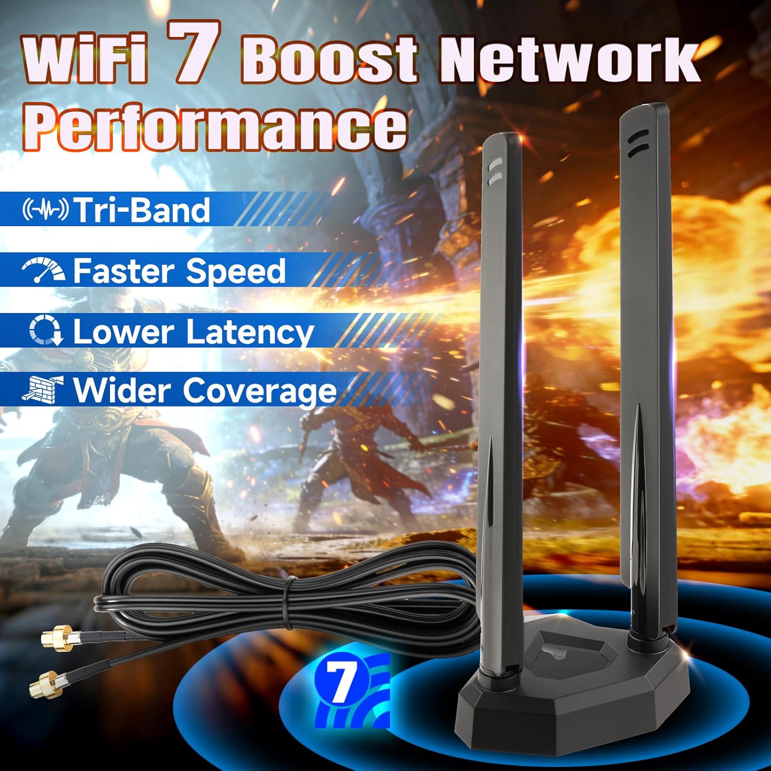 Eightwood Tri-Band WiFi 7 Motherboard Antenna for ASUS Gaming PC, Magnetic Base with 6.5ft Cable, Compatible with ROG Strix X870E-E, TUF Gaming B850-PLUS/X870-PLUS, ROG Crosshair X870E Hero