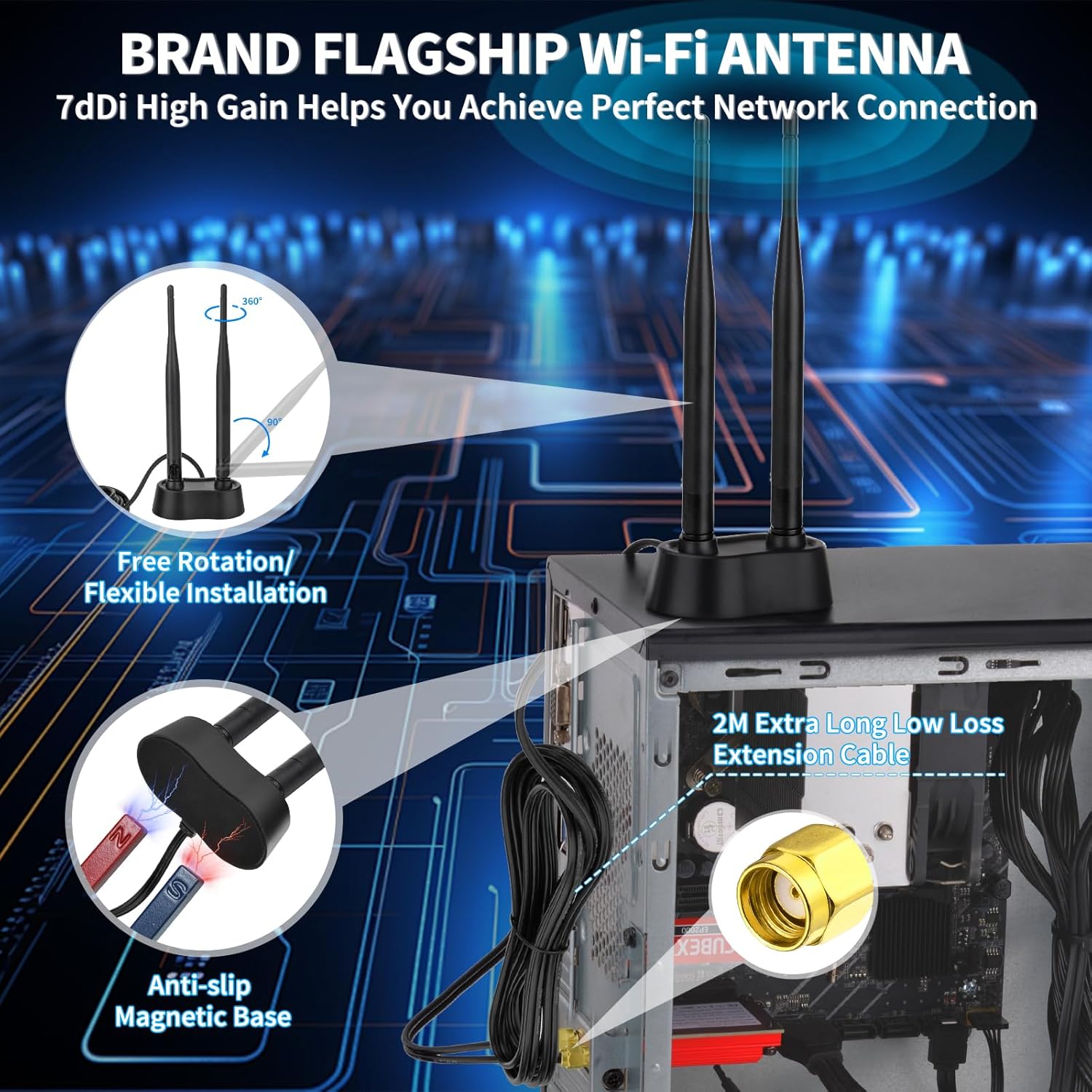 Eightwood WiFi Antenne 2.4ghz/5ghz/5.8ghz WLAN Signal Verstärker Anenne Dual Band Magnetic Base mit RP-SMA Verlängerungskabel für Wi-Fi Router PCI PCI-E Karte PC Mainboard Bluetooth