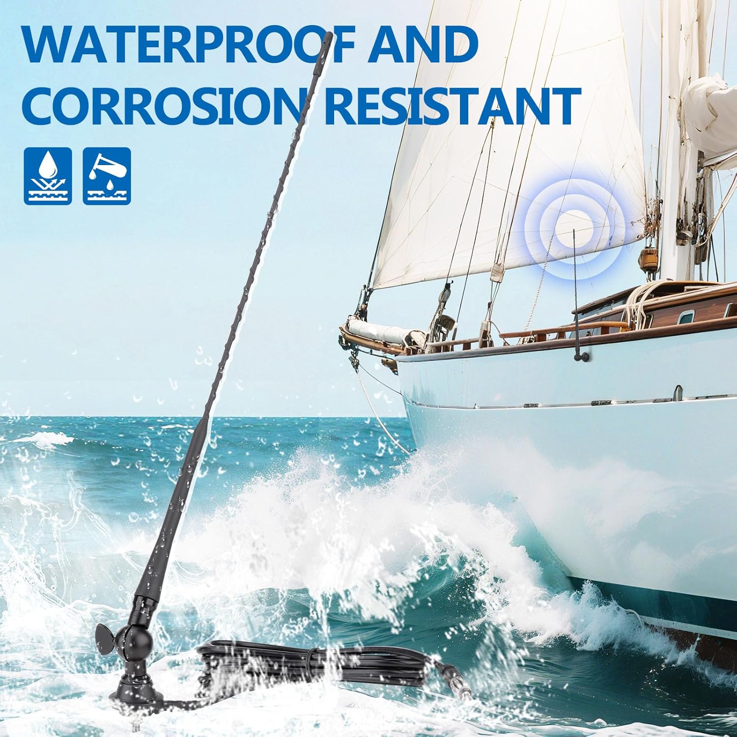 Eightwood Boat Car Radio Antenna 20 Inch, Rubber AM/FM Stereo Antenna Mast with Mount Base for Marine Boat Car Tractor RV UTV ATV Motorcycle Yacht Pontoon